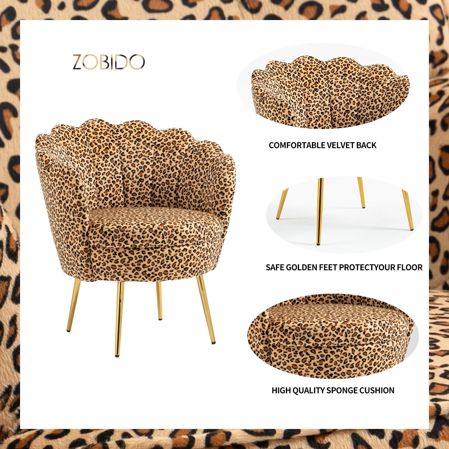ZOBIDO Modern Velvet Accent Chair - Upholstered Vanity Chair with Golden Metal Legs for Bedroom, Living Room & Makeup Desk - Comfy Armchair for Dining & Home Office (Leopard Print) - Perfect for Small Spaces & Stylish Decor