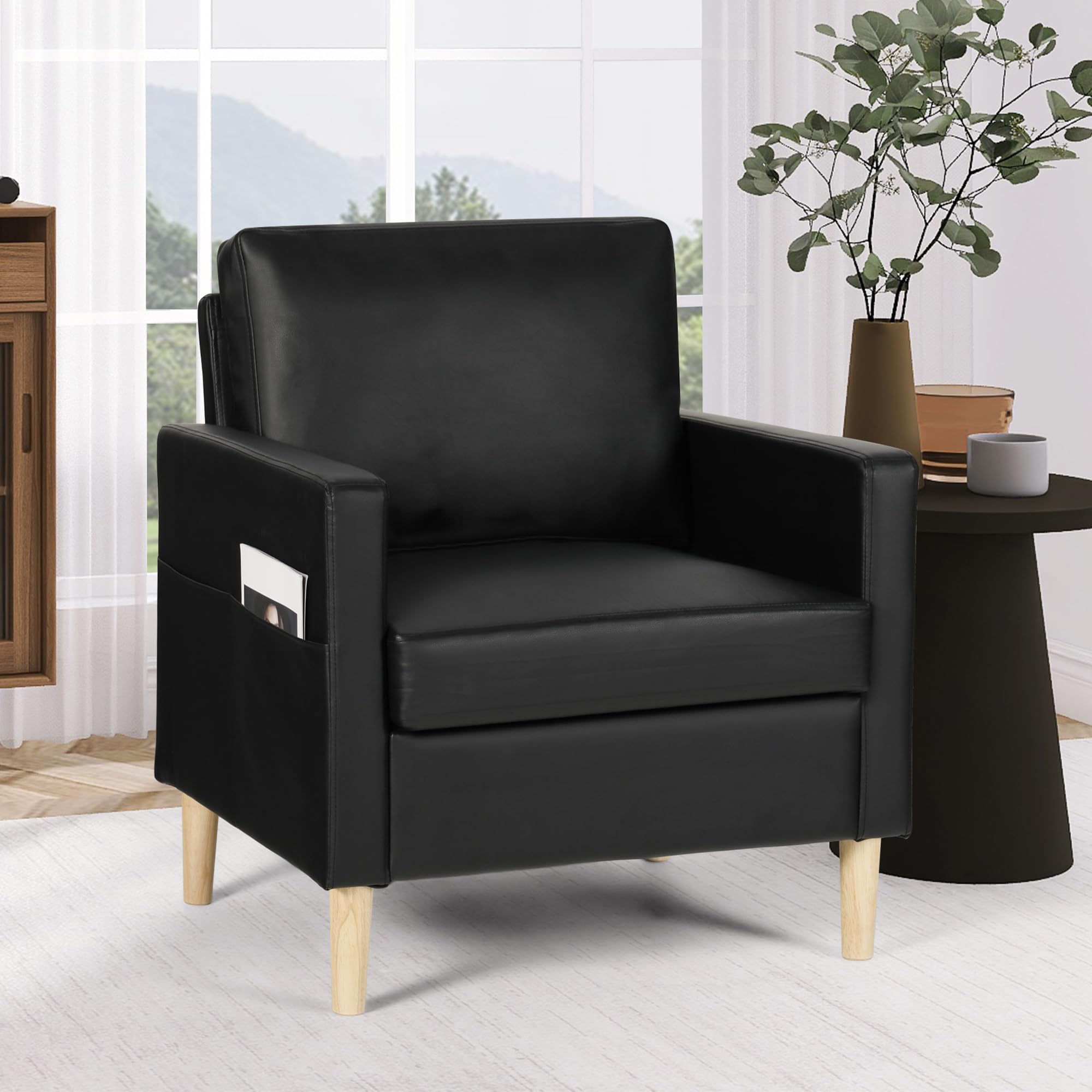 TYBOATLE Faux Leather Accent Chair - Mid-Century Modern Upholstered Armchair with Armrest Pockets, Comfortable Single Seater for Living Room, Bedroom & Office - Perfect for Reading, Lounging & Relaxing (Black)