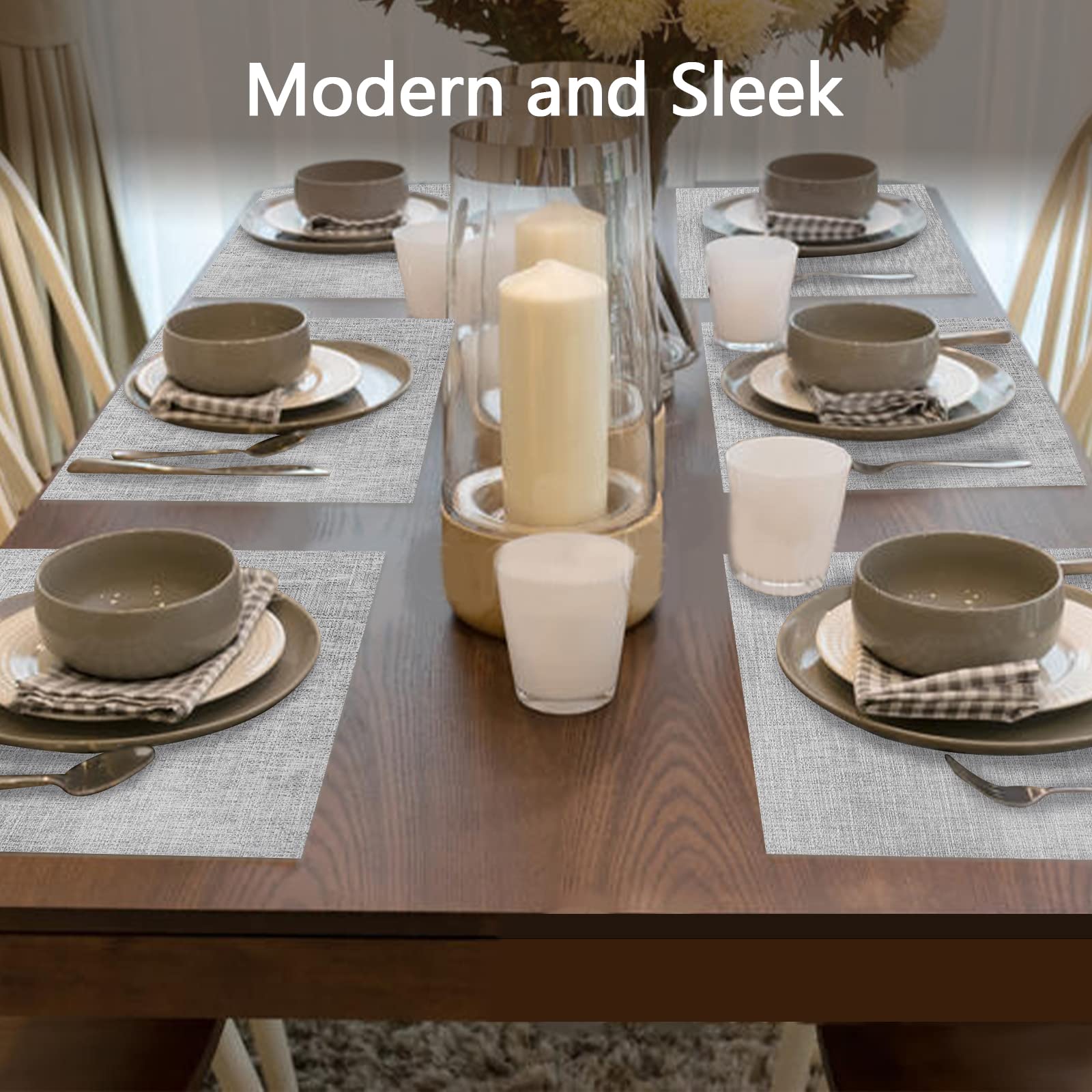 6-Piece Woven Vinyl Placemats Set - Waterproof & Washable for Indoor/Outdoor Use - Smoky Grey Table Mats for Dining, Patio, Picnic & Kitchen Decor