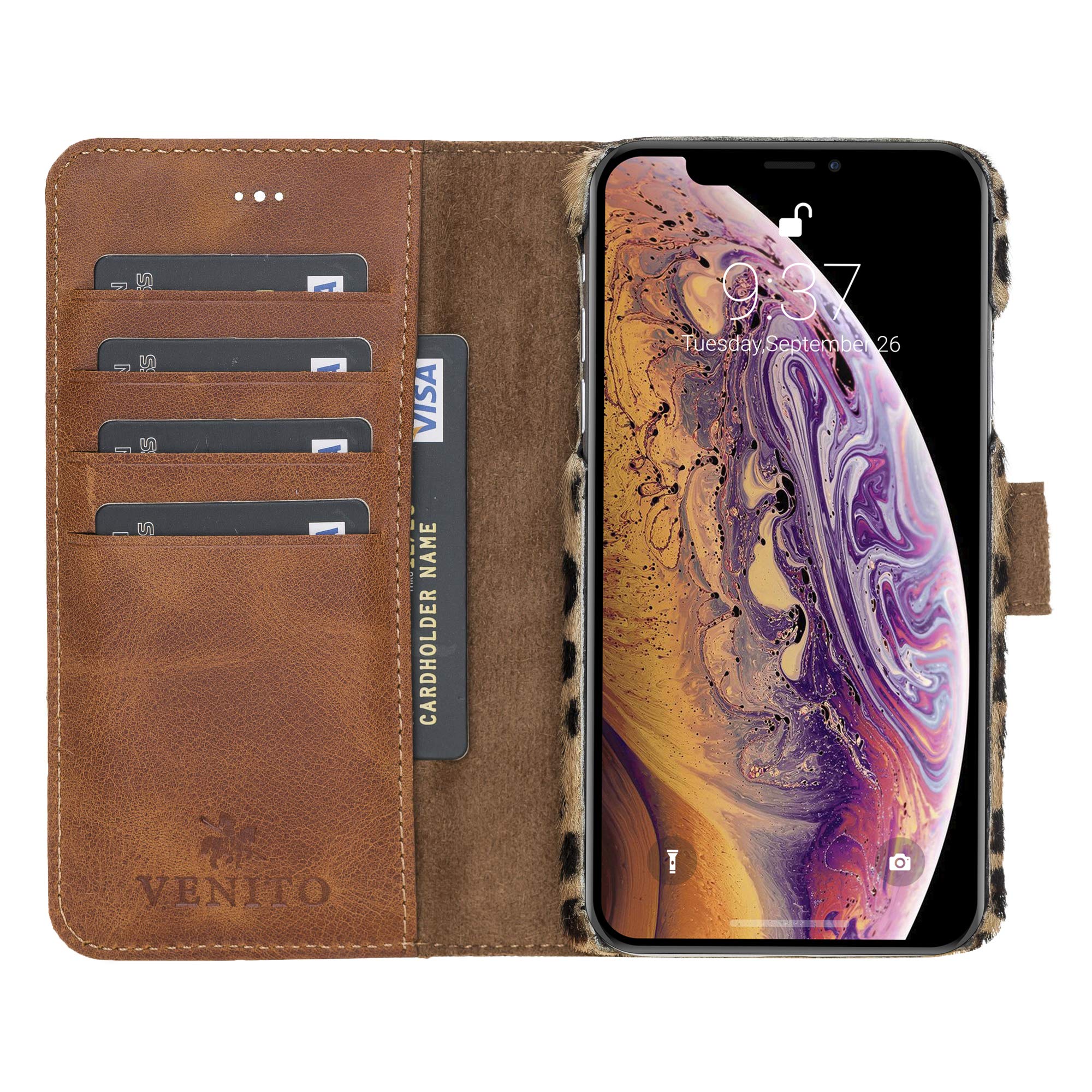 Venito Florence Genuine Leather Wallet Phone Case for iPhone XR - RFID Blocking Technology for Security - Detachable Card Holder - Furry Leopard Print Design - Perfect for Travel, Shopping & Everyday Use