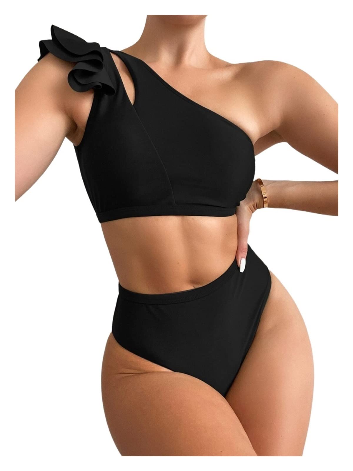 TINMIIR Women's One Shoulder Bikini Set with Ruffle Trim - Sexy Swimwear for Beach, Pool & Summer Vacations