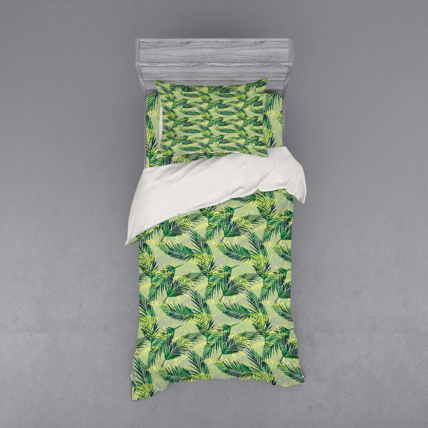 Ambesonne 3-Piece Palm Leaf Duvet Cover Set - Tropical Jungle Rainforest Design with Hand-Painted Green Foliage, Twin Size in Green Apple (Duvet Cover + Sham + Fitted Sheet) | Perfect for Boho Bedroom Decor & Nature-Themed Guest Rooms