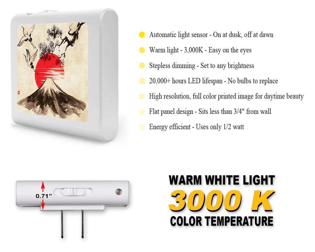 Dimmable LED Night Light with Auto On/Off Sensor, Adjustable Brightness & Warm White Light - Perfect for Bathroom, Hallway, Nursery, Bedroom - Cranes Flying Over Volcano Design - Energy Saving Plug-in Nightlight for Kids & Adults