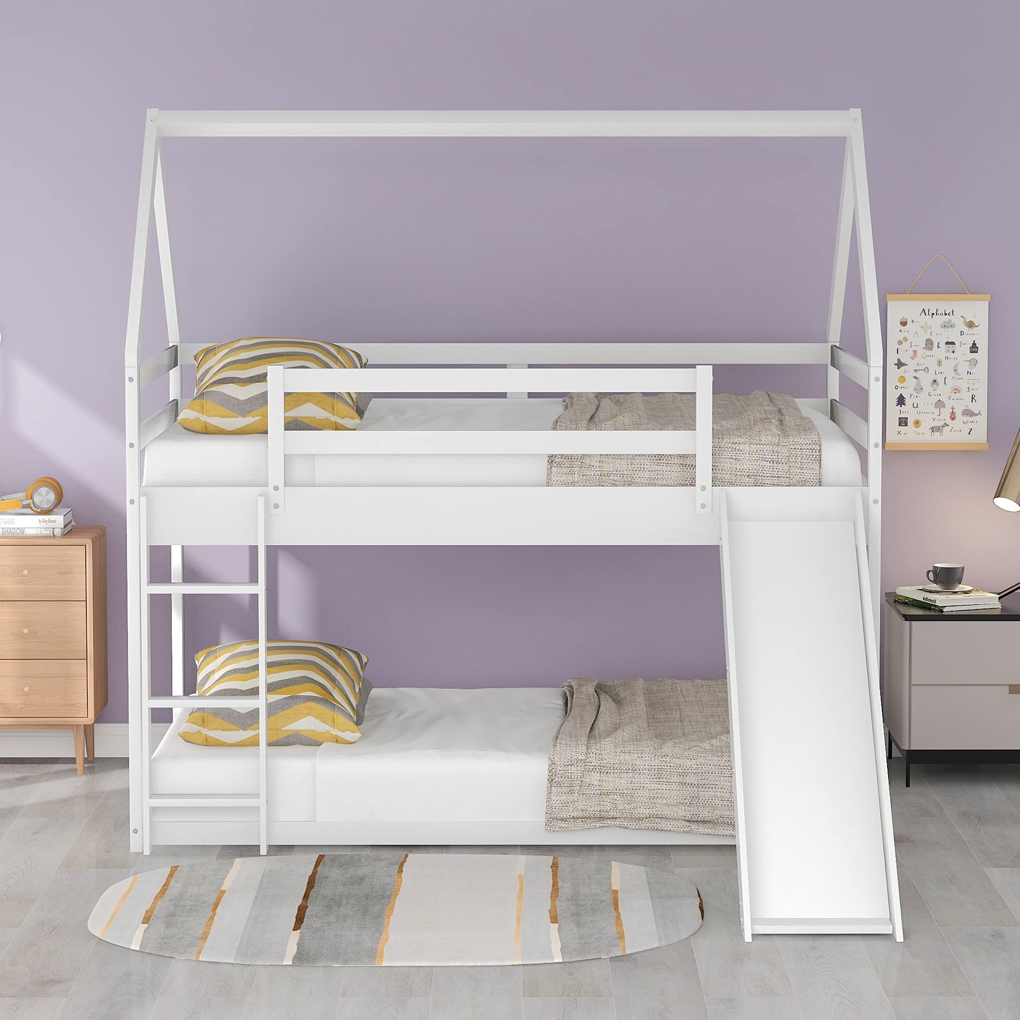 Kids Twin Over Twin House Shape Bunk Bed with Slide - Convertible to Tent, White Wooden Loft Bed for Boys & Girls Bedroom, Dormitory, Playroom - Fun & Space-Saving Children's Furniture