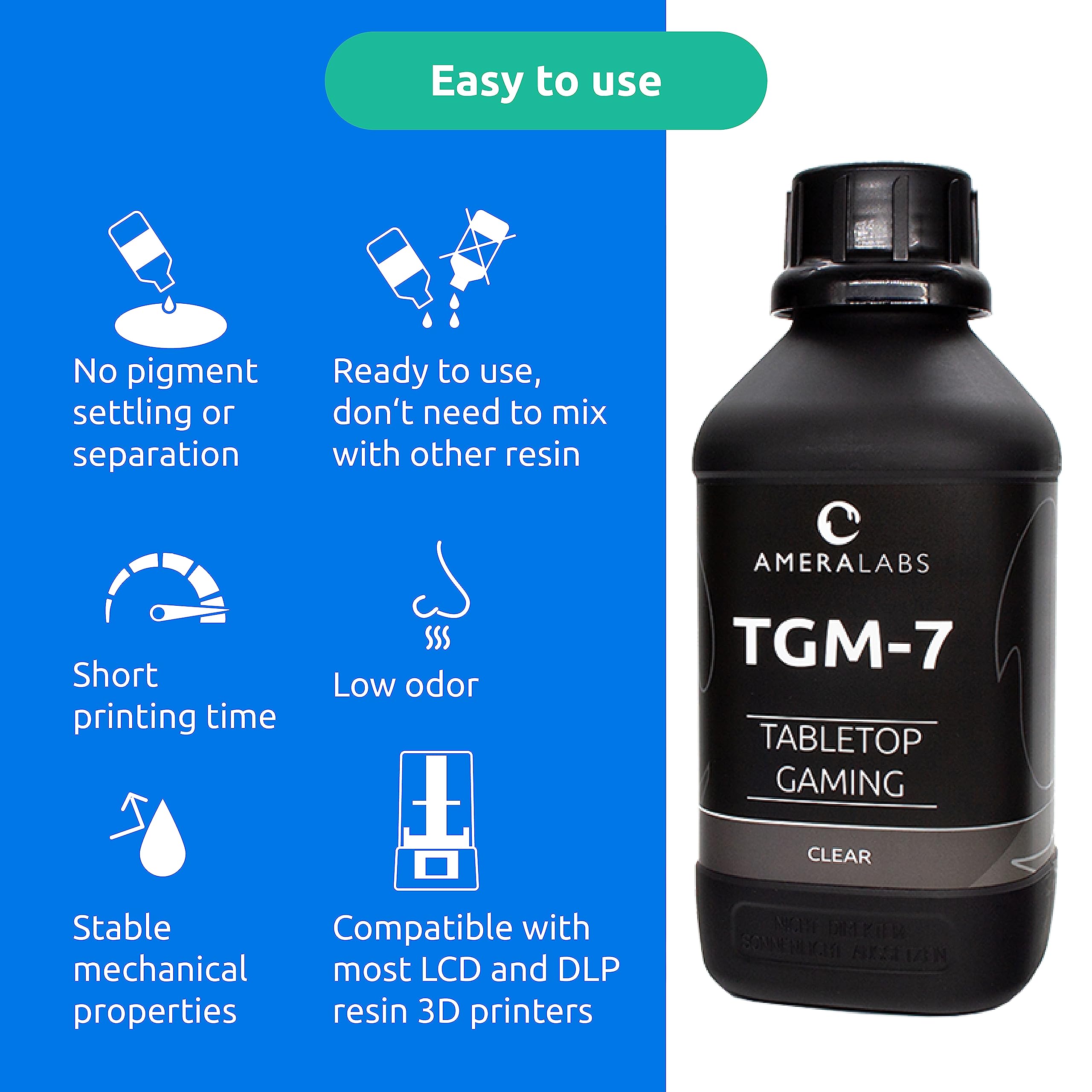 Premium TGM-7 3D Printer Resin for High-Resolution 4K/8K/12K LCD/DLP/SLA Printers – Tough, Fast-Curing UV Resin with Low Odor (405nm, Clear, 1kg) – Ideal for Tabletop Miniatures, Jewelry Making & Detailed Prototyping