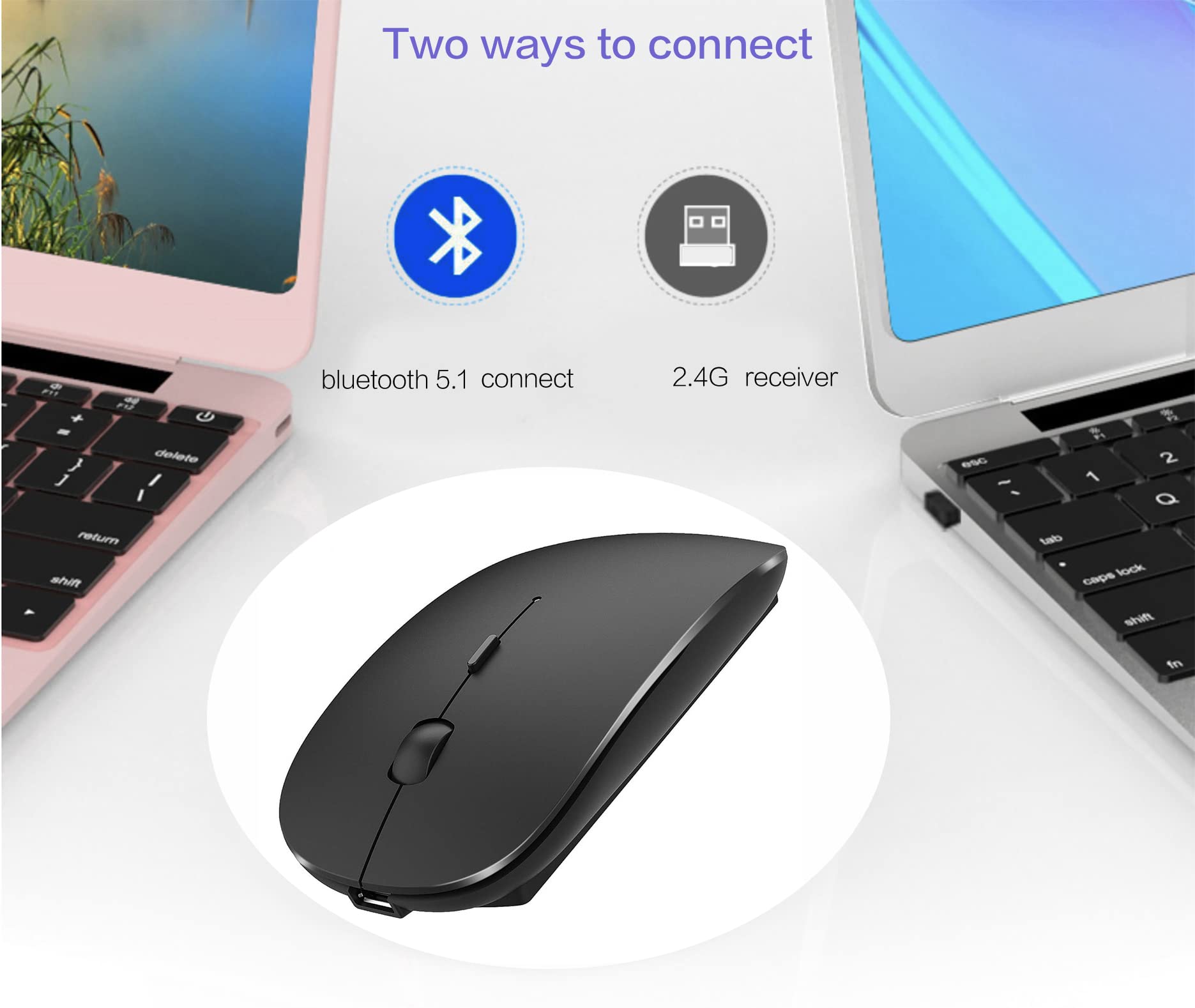Wireless Bluetooth Mouse for Laptop, MacBook, iPad, PC - Compatible with MacBook Air, MacBook Pro, Windows, Chromebook & Desktop Computers (Black) | Perfect for Office, Home & Travel Use