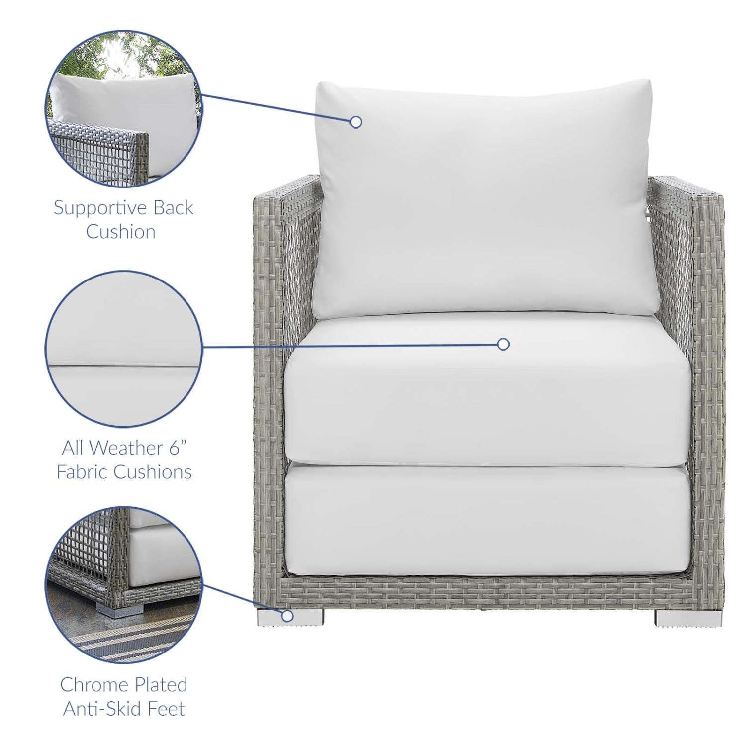 Modway Aura Wicker Rattan Outdoor Patio Arm Chair with Cushions - Gray White Water-Resistant Lounge Chair for Garden, Poolside & Backyard Relaxation