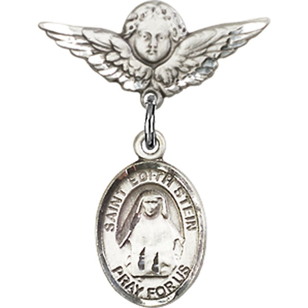 St. Edith Sterling Silver Baby Badge with Angel Wing Charm - 7/8 X 3/4 Inch Religious Jewelry Pin for Baptism, Christening & First Communion Gifts