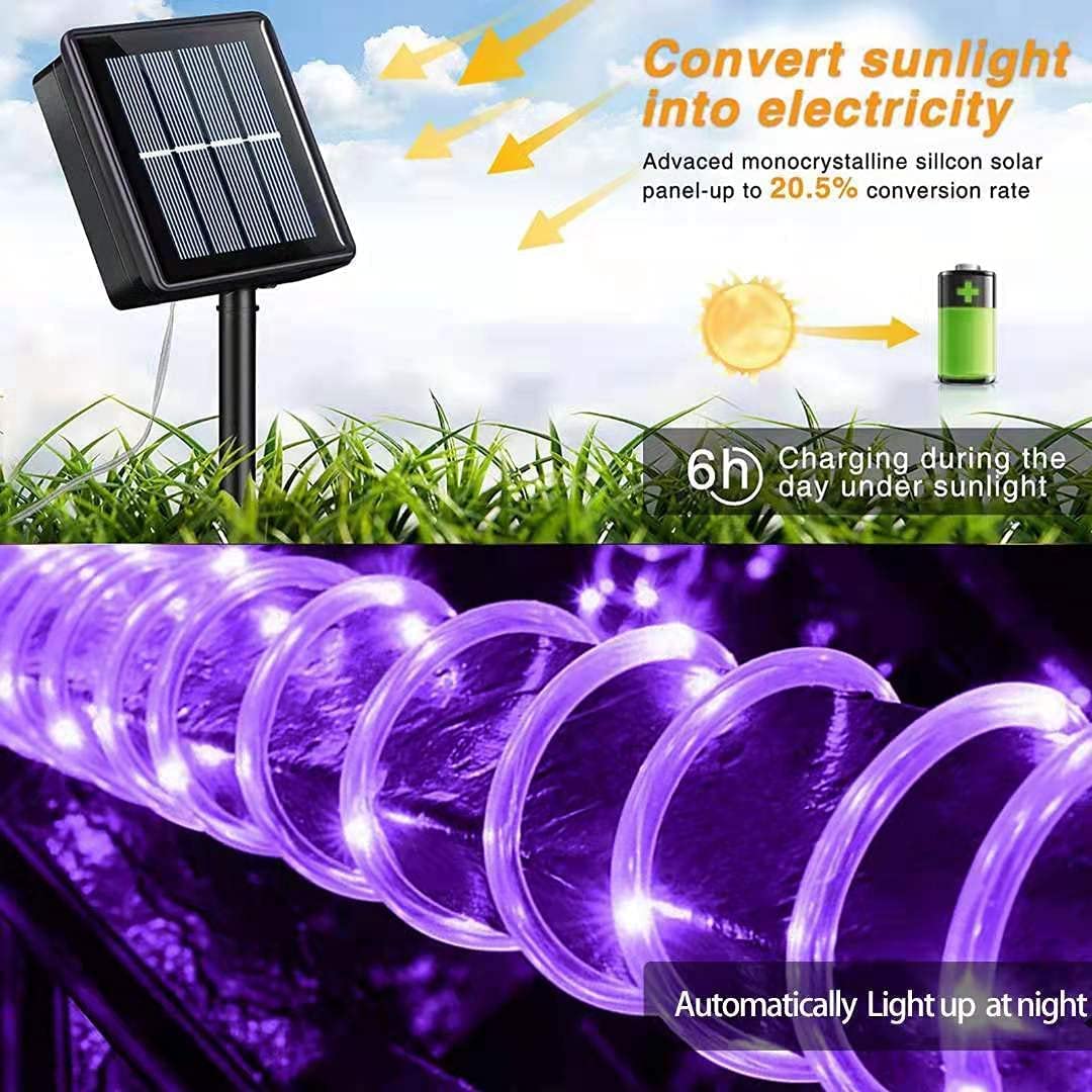 200 LED Solar Rope Lights Outdoor Waterproof - 66ft Purple String Lights with 8 Modes, Clear Thin Tube Fairy Lights for Camping, Fence, Patio, Garden, Trampoline & Deck - Perfect for Backyard Parties & Holiday Decorations