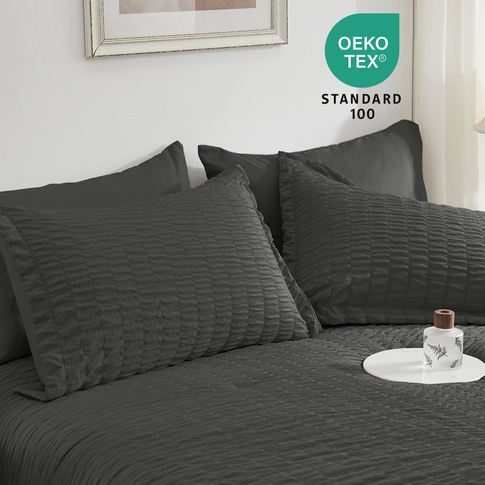 SunStyle Home King Size Comforter Set - 7 Piece Seersucker Bed in a Bag with Flat Sheet, Fitted Sheet, Pillowcases & Sham | All Season Lightweight Bedding for Comfortable Sleep | Dark Grey Luxury Bed Set for Master Bedroom, Guest Room & Dorm