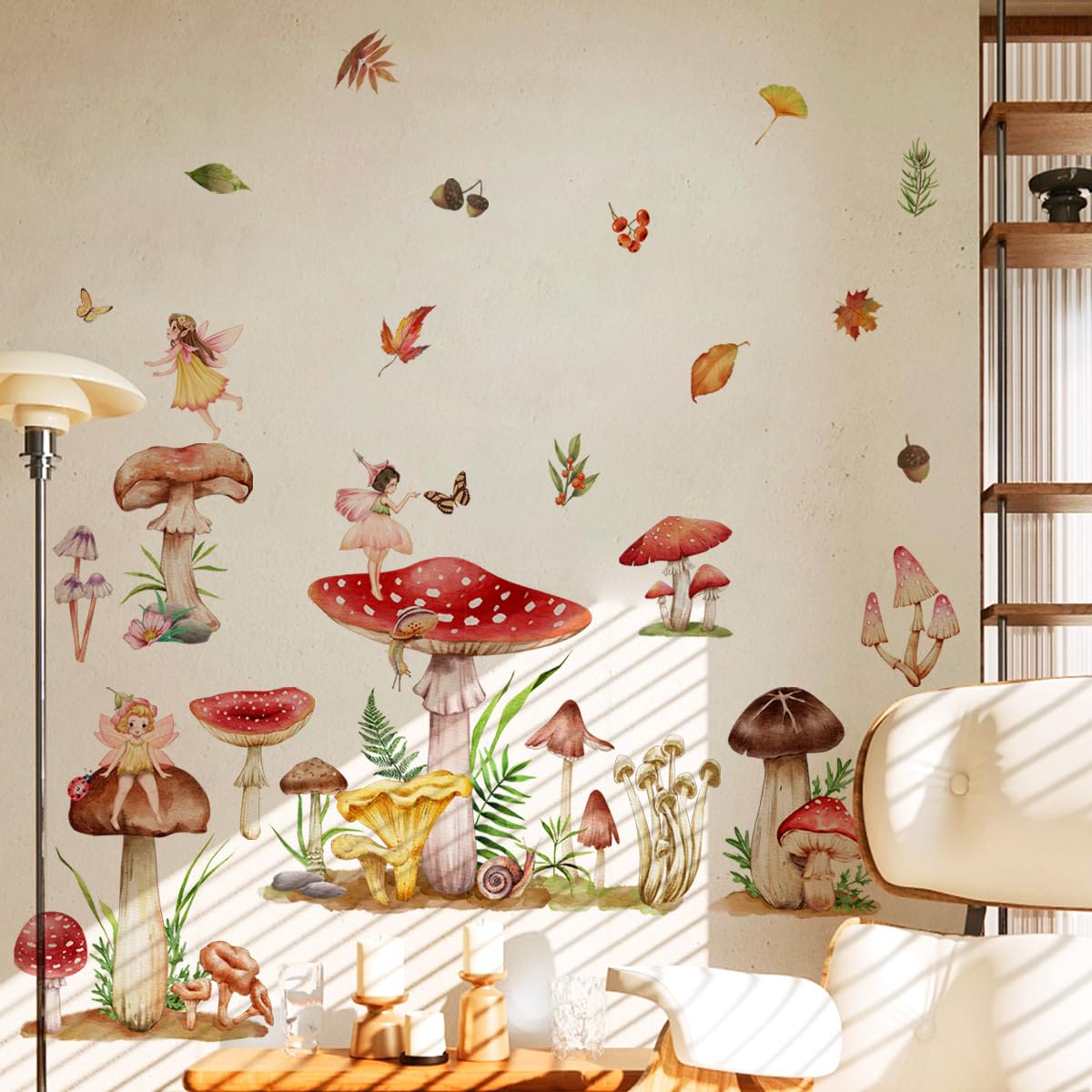 Fairy Forest Mushroom Wall Decals - Woodland Nursery Stickers for Girls Bedroom, Living Room & Kitchen - Fall Leaves & Nature-Themed Room Decor - Perfect for Kids Rooms, Playrooms & Home Interior Design