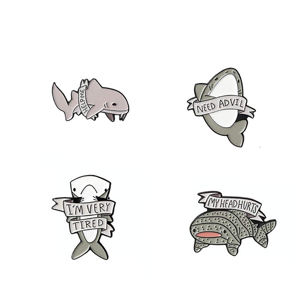 4Pcs Cute Cartoon Enamel Pin Set - Punk Brooches Lapel Pins for Women Girls Kids | Costume Decoration, Clothing & Bag Accessories | Shark Design | Perfect for DIY Crafts, Gifts & Fashion Outfits