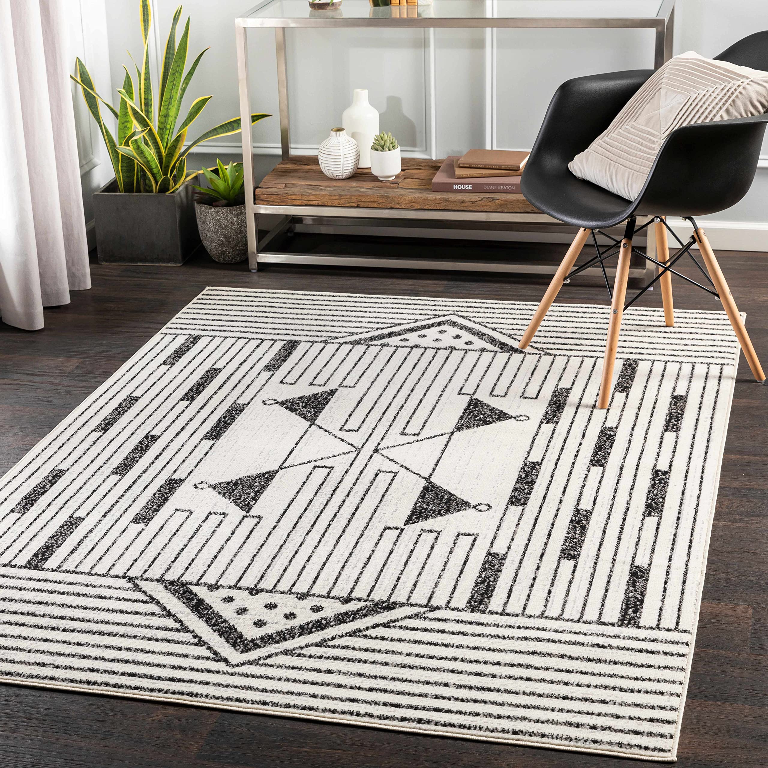 Hauteloom Middlemount Modern Geometric Area Rug - Boho Aztec Tribal Carpet for Living Room, Bedroom, Dining Room - Broken Striped Pattern - Black & Gray - 7'10