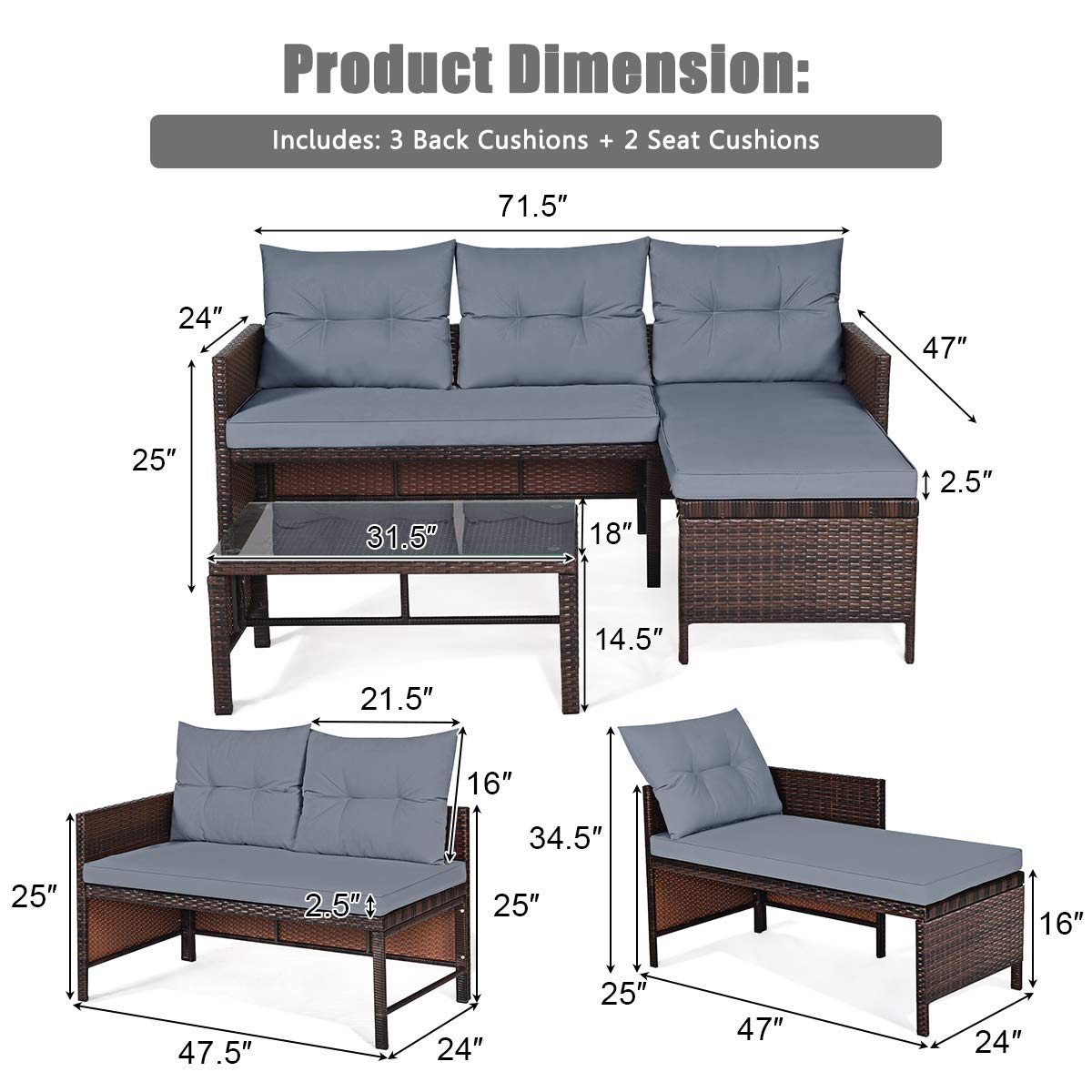 All-Weather Moccha Patio Furniture Set - 6-Piece Sectional Sofa with Lounge Chaise, Loveseat & Coffee Table - Durable Rattan Wicker Outdoor Couch with Washable Cushions - Perfect for Garden, Backyard, Poolside or Balcony (Grey)
