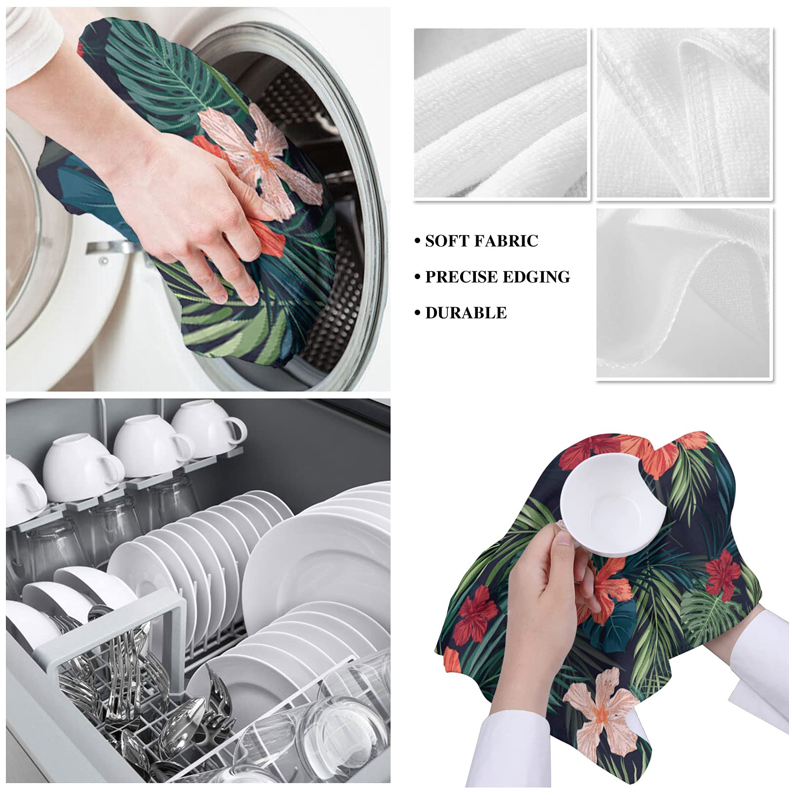Tropical Hawaiian Flowers Leaves Kitchen Dish Towels Set of 4 - Soft Lightweight Microfiber Absorbent Hand & Tea Towels (18x28 Inch) for Kitchen, Bathroom, Dining & Party Decor