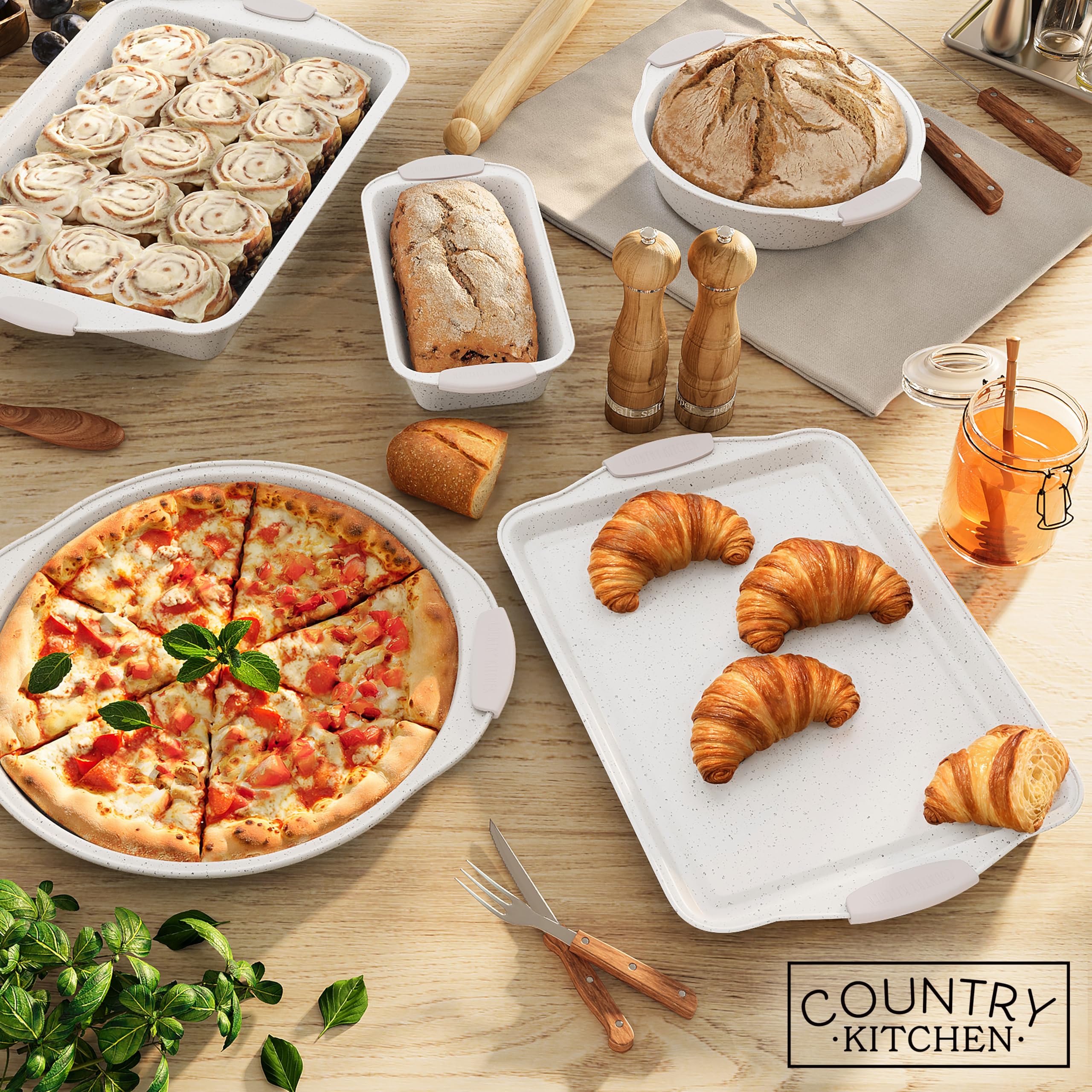Nonstick Stackable Bakeware Set - 10-Piece Durable Country Kitchen Baking Pans with Easy Release, Cream Color - Perfect for Cakes, Cookies, Pies & Holiday Baking
