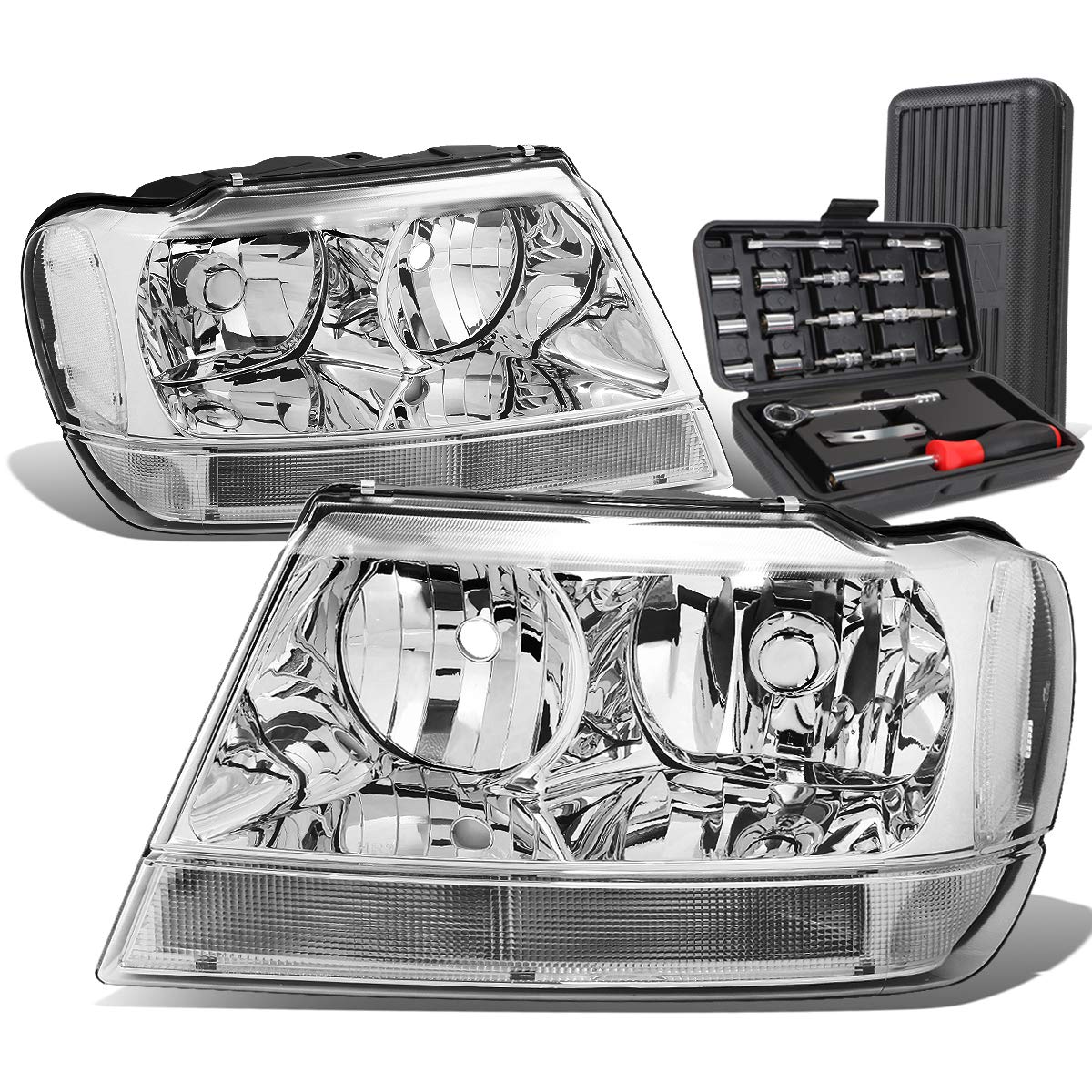 Auto Dynasty Chrome Housing Clear Corner Headlight Lamps with Tool Kit - Compatible with Jeep Grand Cherokee WJ 1999-2004 | Improved Visibility & Style Upgrade for Off-Road Adventures