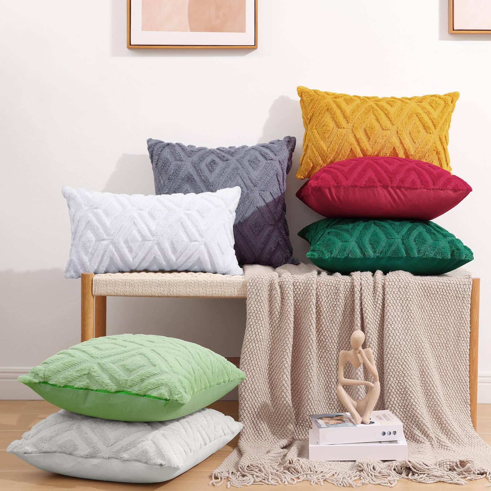 Pallene Soft Faux Fur Throw Pillow Covers 16x16 Set of 2 - Plush Wool Decorative Couch Pillow Covers for Sofa, Bed, Living Room - 3D Diamond Pattern - Mustard Yellow - Perfect for Home Decor, Cozy Winter Nights & Gift Giving
