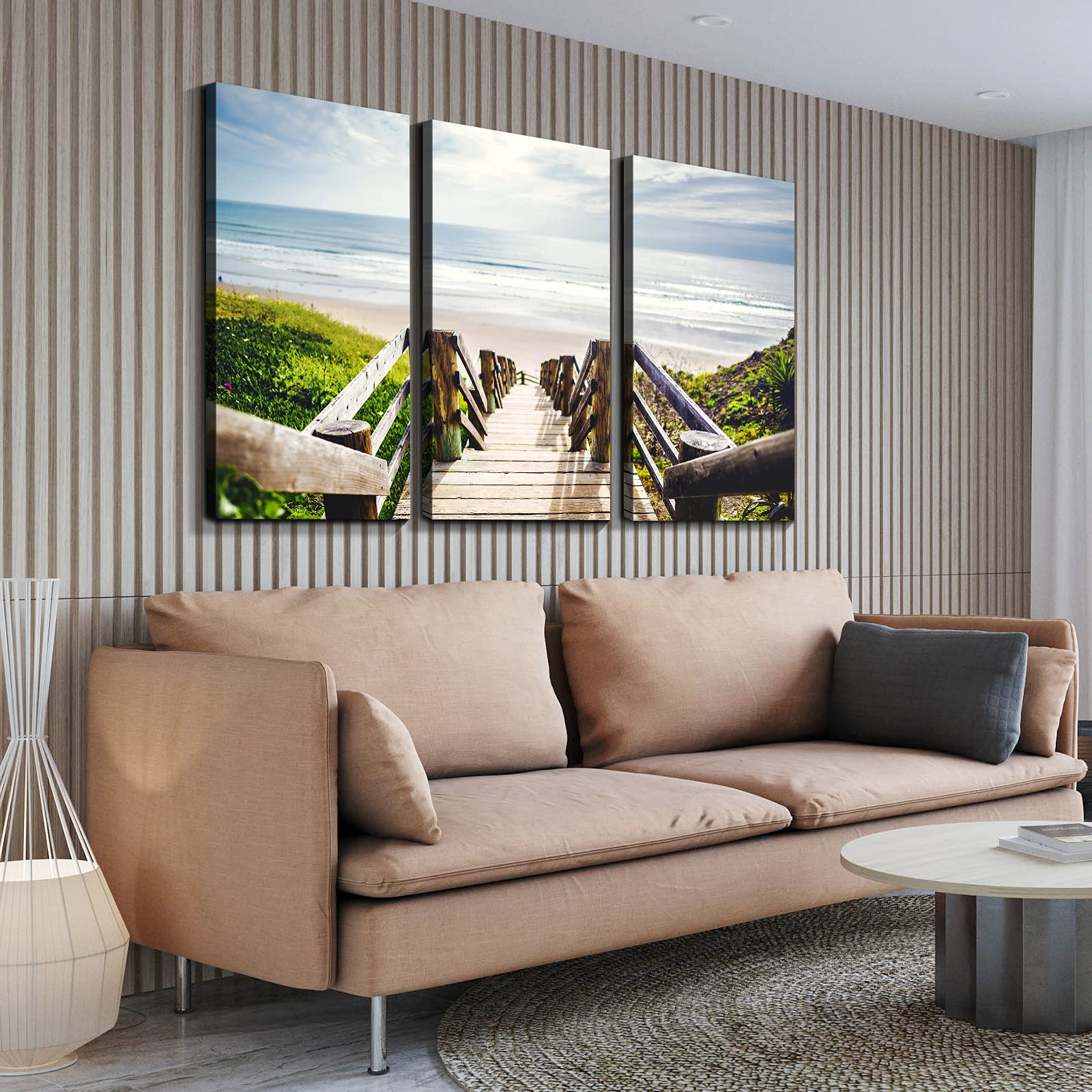 Denozer 3-Panel Beach Wooden Bridge Boardwalk Stair Wall Art - Stretched Canvas Painting for Home & Office Decor (16