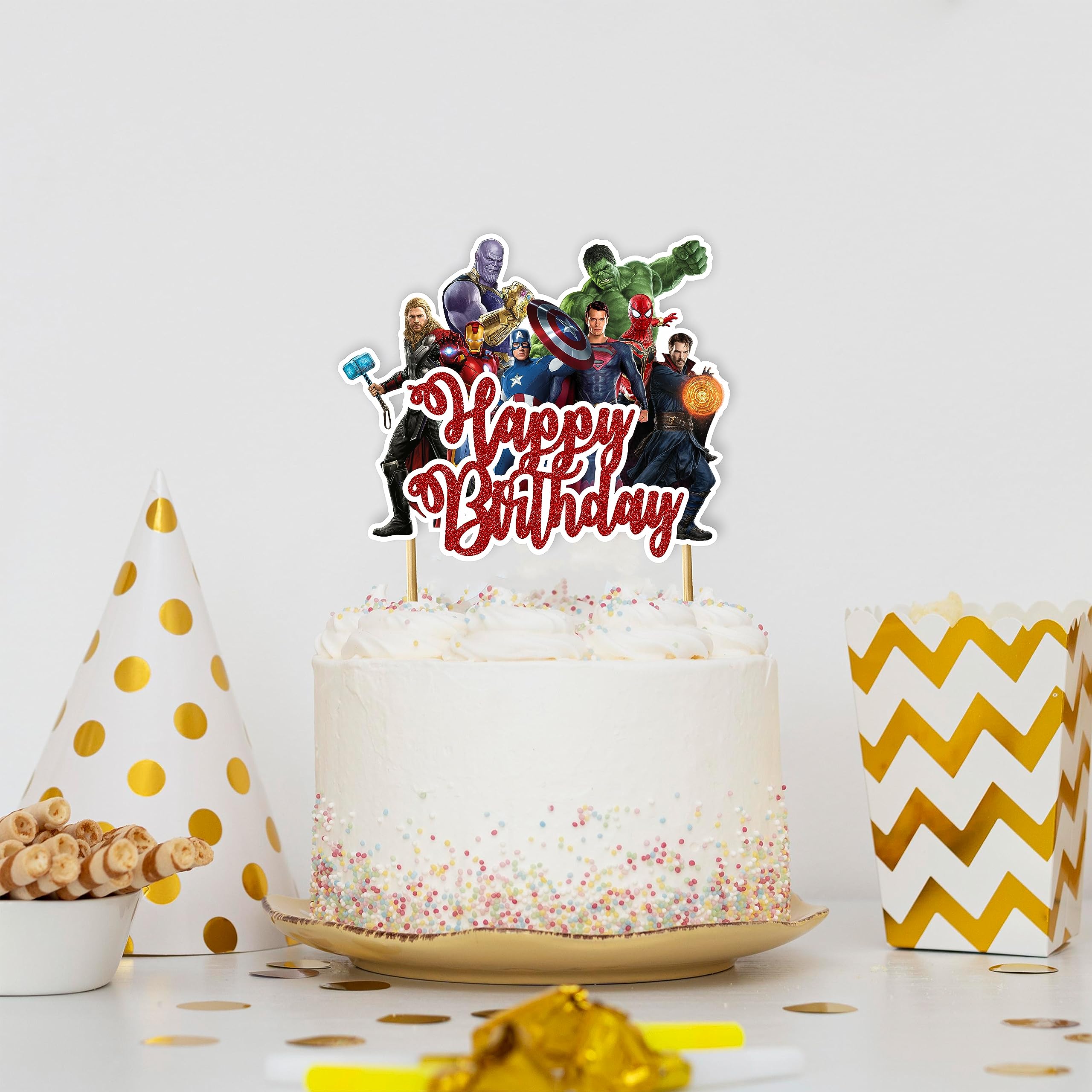 Superhero Happy Birthday Cake Topper - Premium Birthday Party Decorations for Superhero Theme Cakes, Cupcakes & Desserts - Perfect for Kids' Birthday Parties, Superhero Celebrations & Special Events