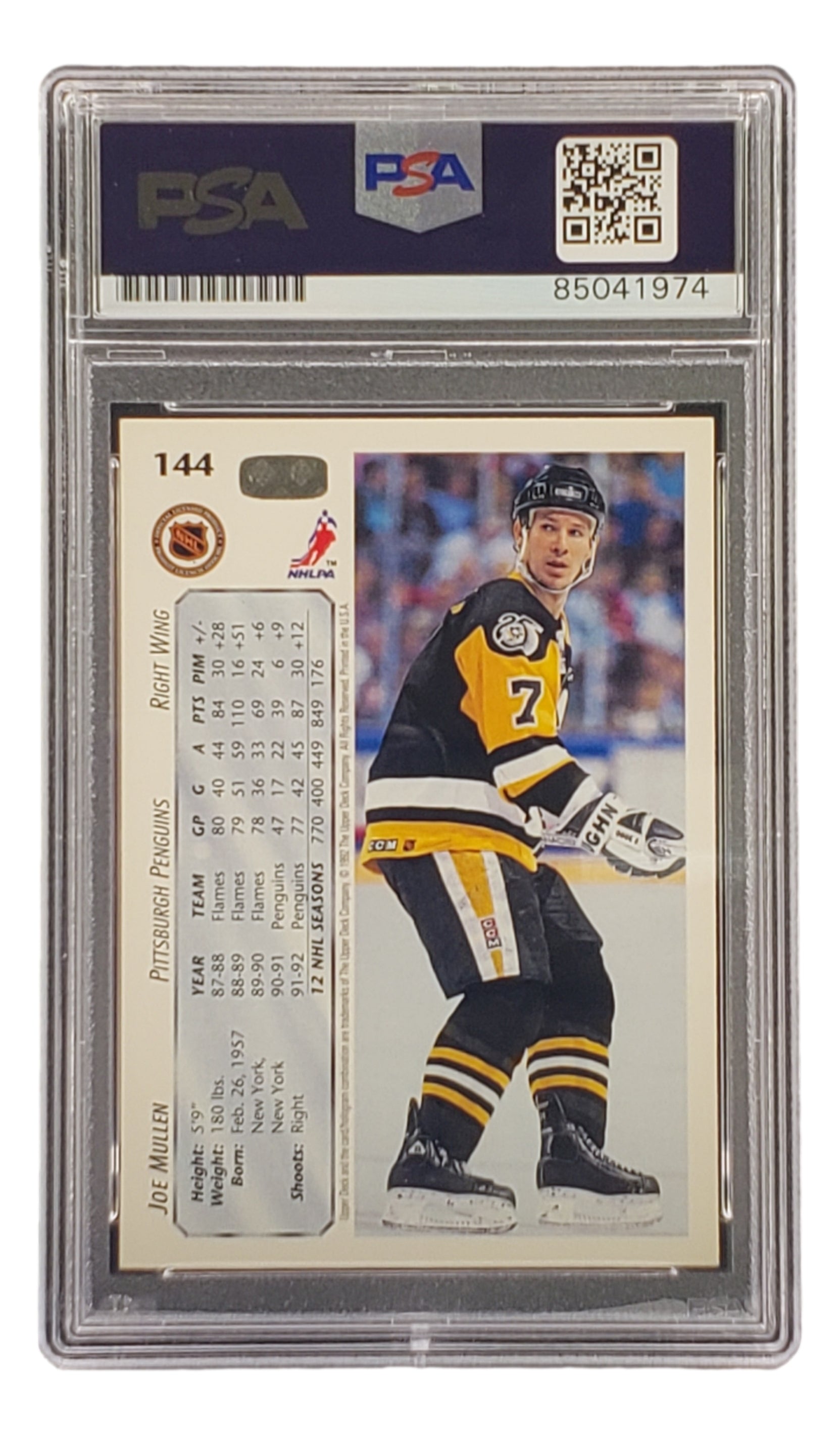 Joe Mullen Autographed 1992 Upper Deck #144 Pittsburgh Penguins NHL Hockey Card - PSA/DNA Certified - Perfect for Sports Memorabilia Collectors & Penguins Fans
