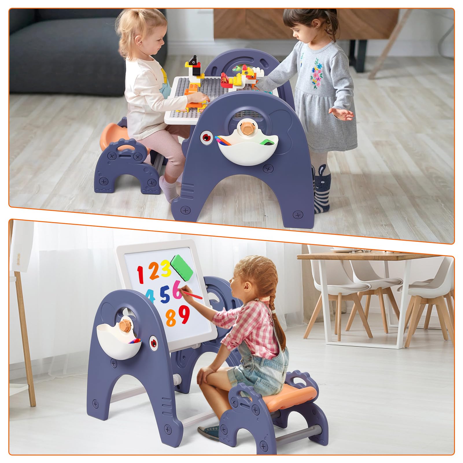 GARVEE 4-in-1 Kids Activity Table Set with Magnetic Whiteboard - Building Block Table Compatible with Lego Duplo Bricks - Toddler Sensory Play Table Includes Chair, 66pcs Large Blocks & 2 Storage Bins - Perfect for Preschool Learning, Creative Play & Home Daycare Activities