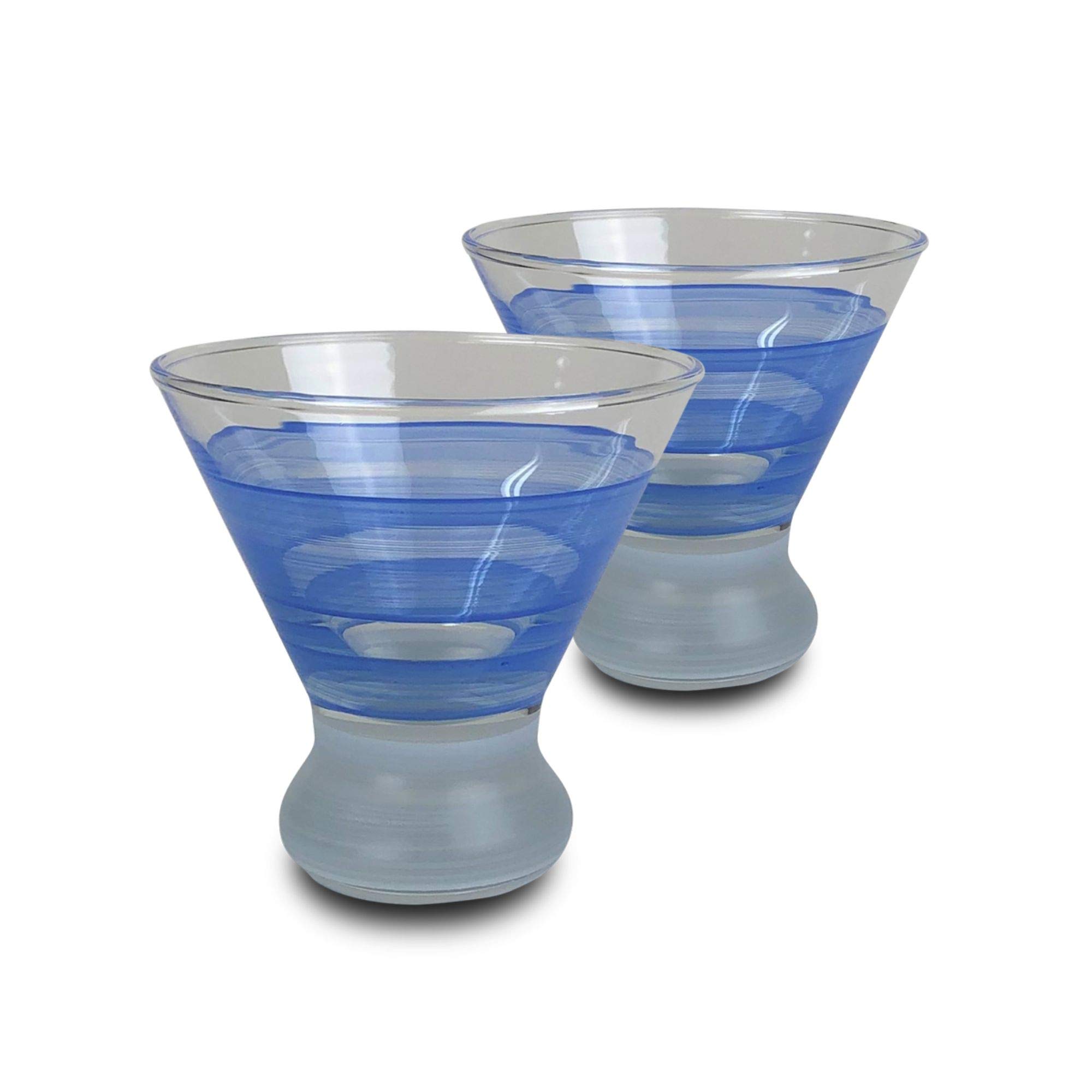 Set of 2 Blue Retro Stripe Hand Painted Cosmopolitan Wine Glasses - 8.25oz Stemware for Cocktails, Parties & Home Bar Decor - Elegant Drinkware for Entertaining & Gifts