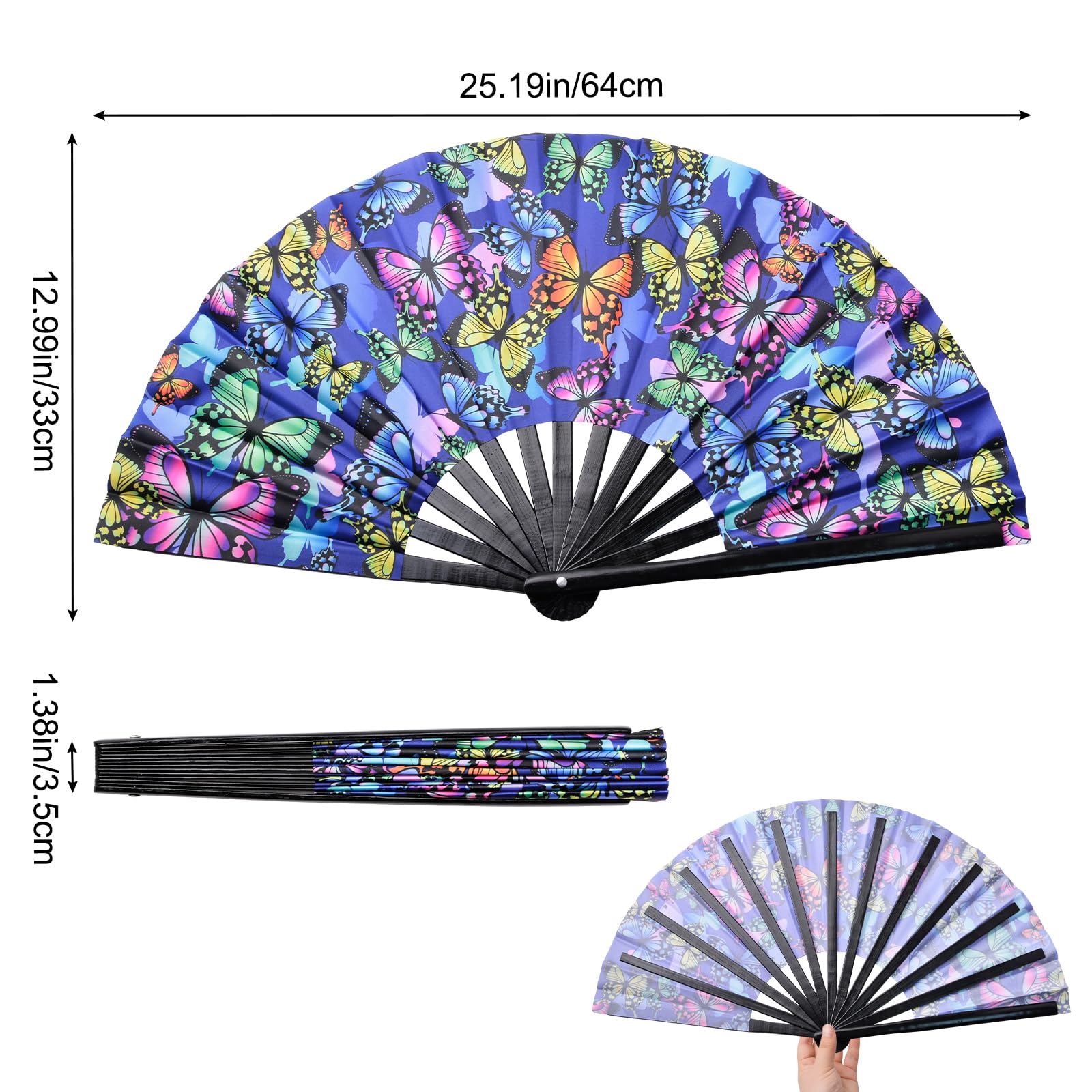Foldable UV Glow Butterfly Hand Fan - Large Bamboo Clack Fan for Raves & Festivals | Glow in The Dark Dance Performance Accessories for Men & Women | Perfect for EDM Parties, Summer Festivals and Outdoor Events
