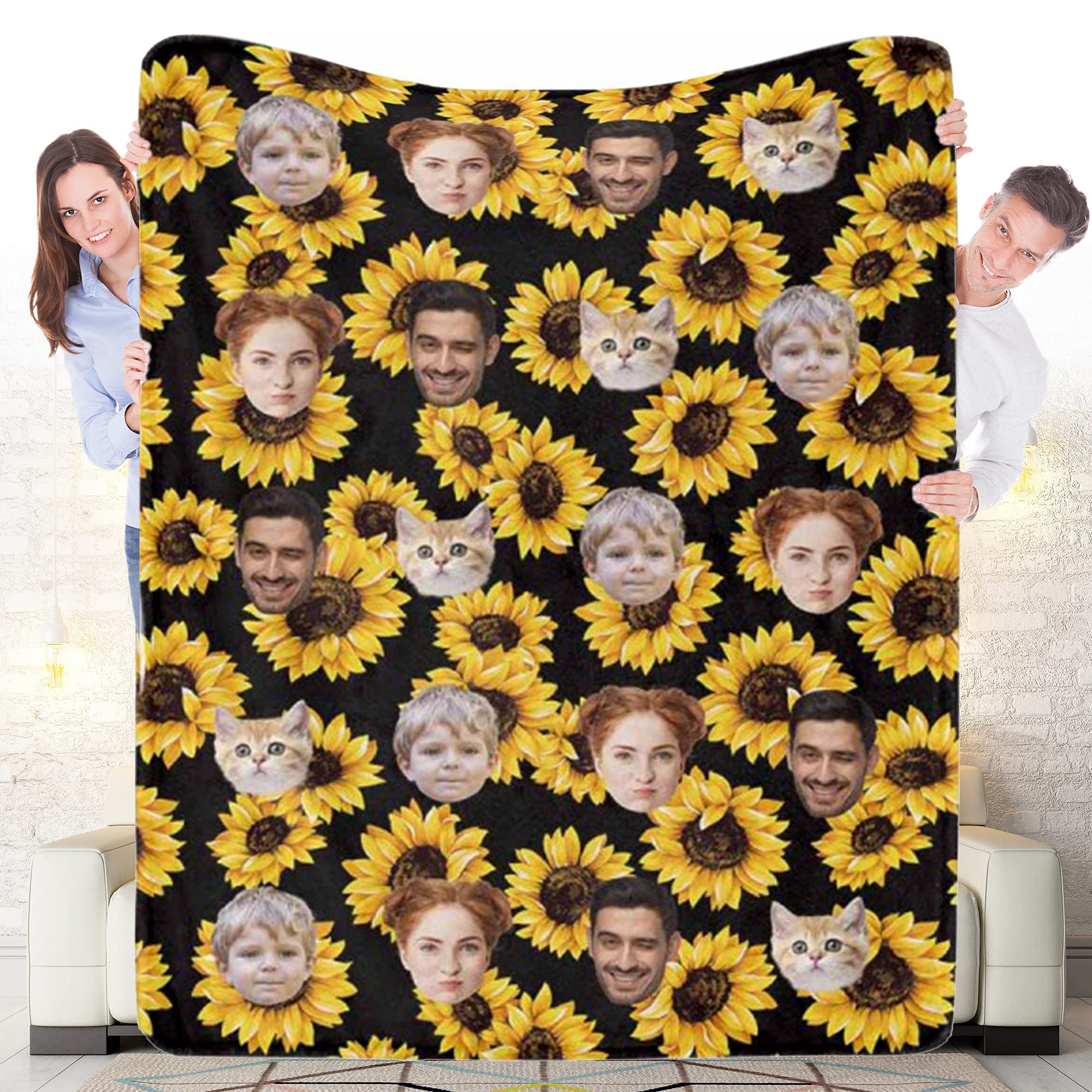 Custom Photo Collage Fleece Blanket - Personalized Soft Throw Blanket with Your Pictures - Family Sunflower Pattern Blanket for Bed, Sofa & Travel - Unique Photo Gift for Couples, Friends & Family - Perfect for Home Decor, Gifts & Cozy Nights