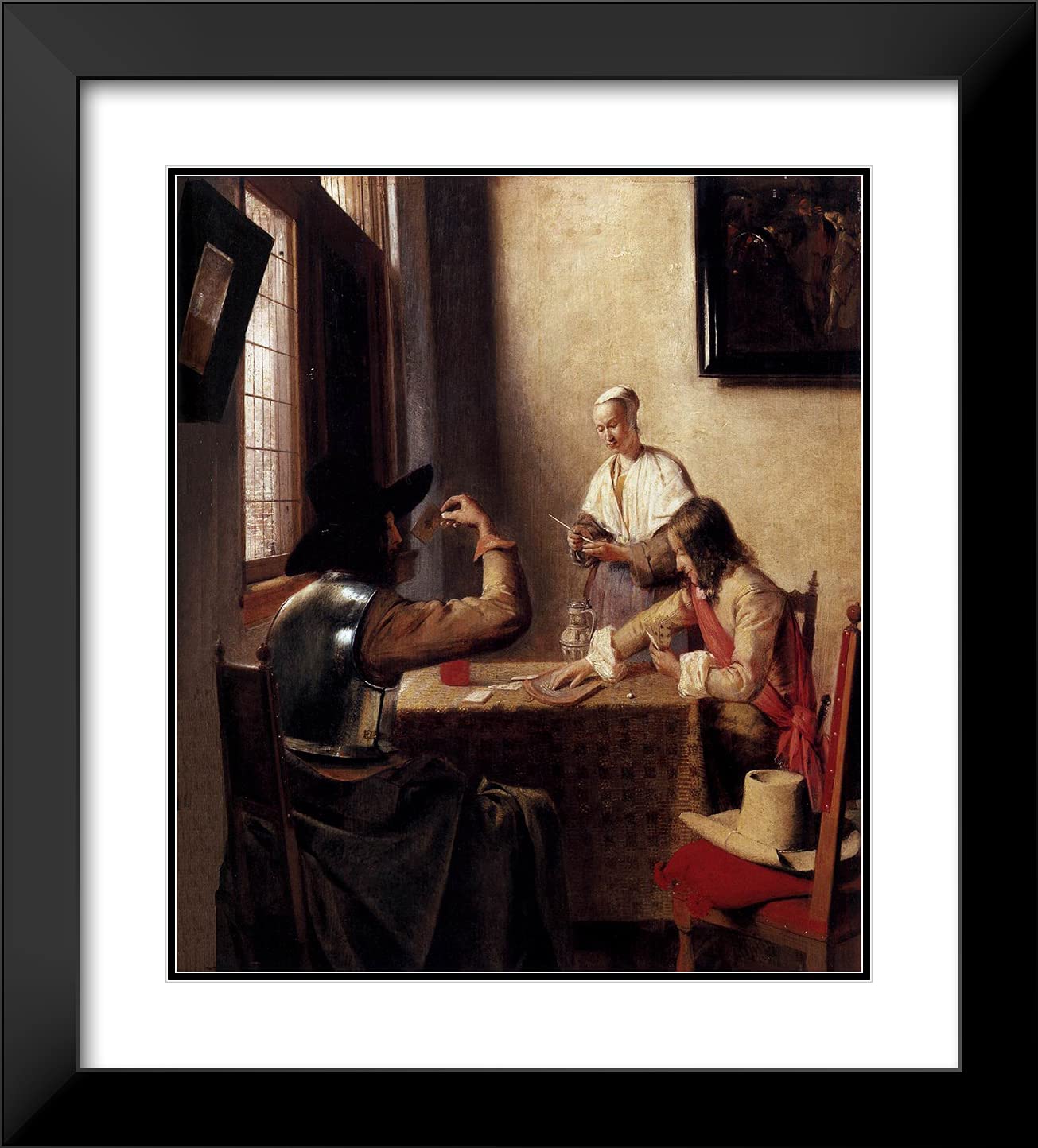 Pieter de Hooch 'Soldiers Playing Cards' 20x22 Inch Black Modern Framed Art Print with Double Matting - Dutch Golden Age Oil Painting Reproduction for Living Room, Office & Gallery Wall Decor