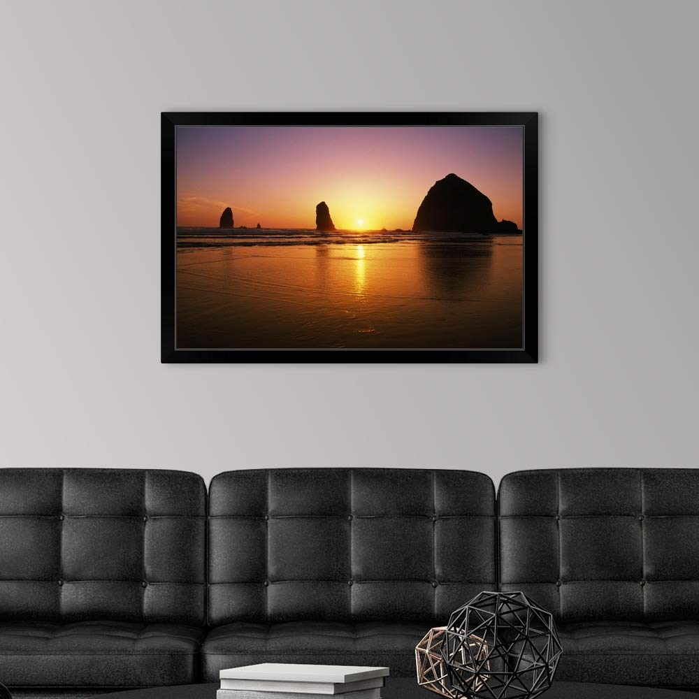 Sunset At Cannon Beach Oregon Coast - Black Framed Wall Art Print | Oregon Landscape Painting for Home & Office Decor | Perfect for Living Room, Bedroom or Office Wall