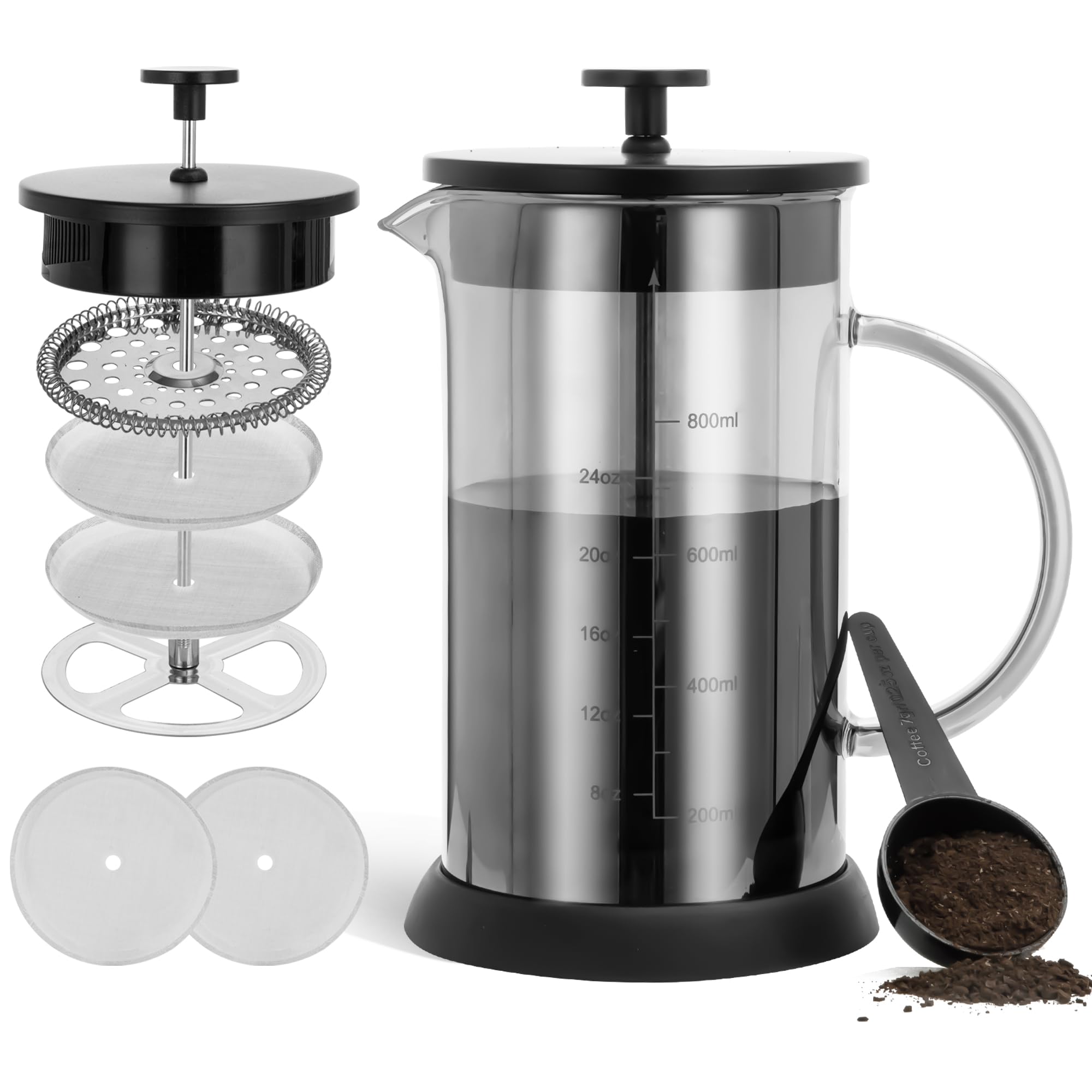 34 Ounce French Press Coffee Maker - 5-Cup Stainless Steel Espresso & Cold Brew Maker with Heat-Resistant Borosilicate Glass Pot & 4 Filters - Perfect for Home, Office & Camping Coffee Brewing