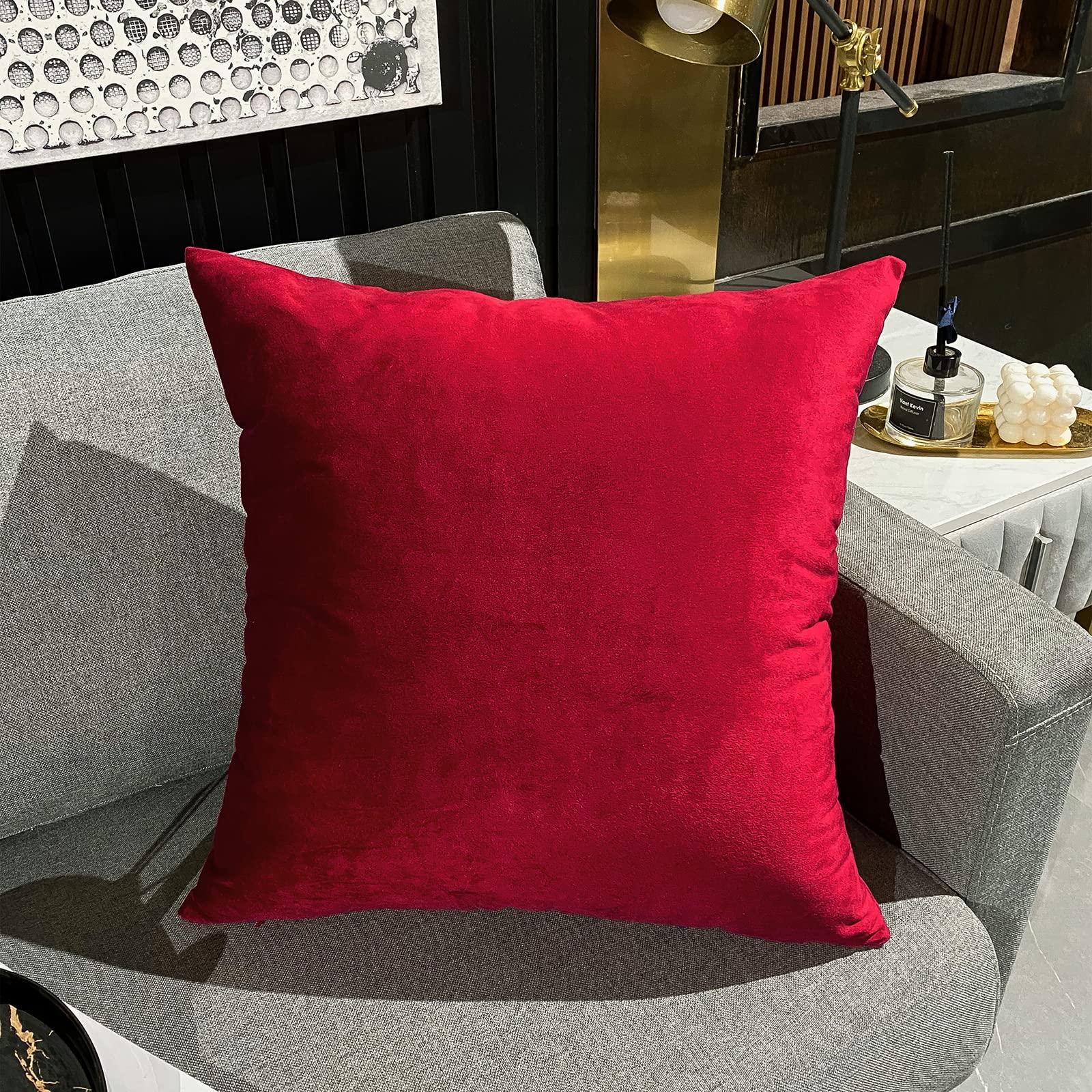 Velvet Decorative Throw Pillow Covers Set of 2 - 18x18 Inch Soft Square Red Cushion Covers for Sofa, Couch, Bed & Chair - Perfect for Living Room, Bedroom & Home Decor