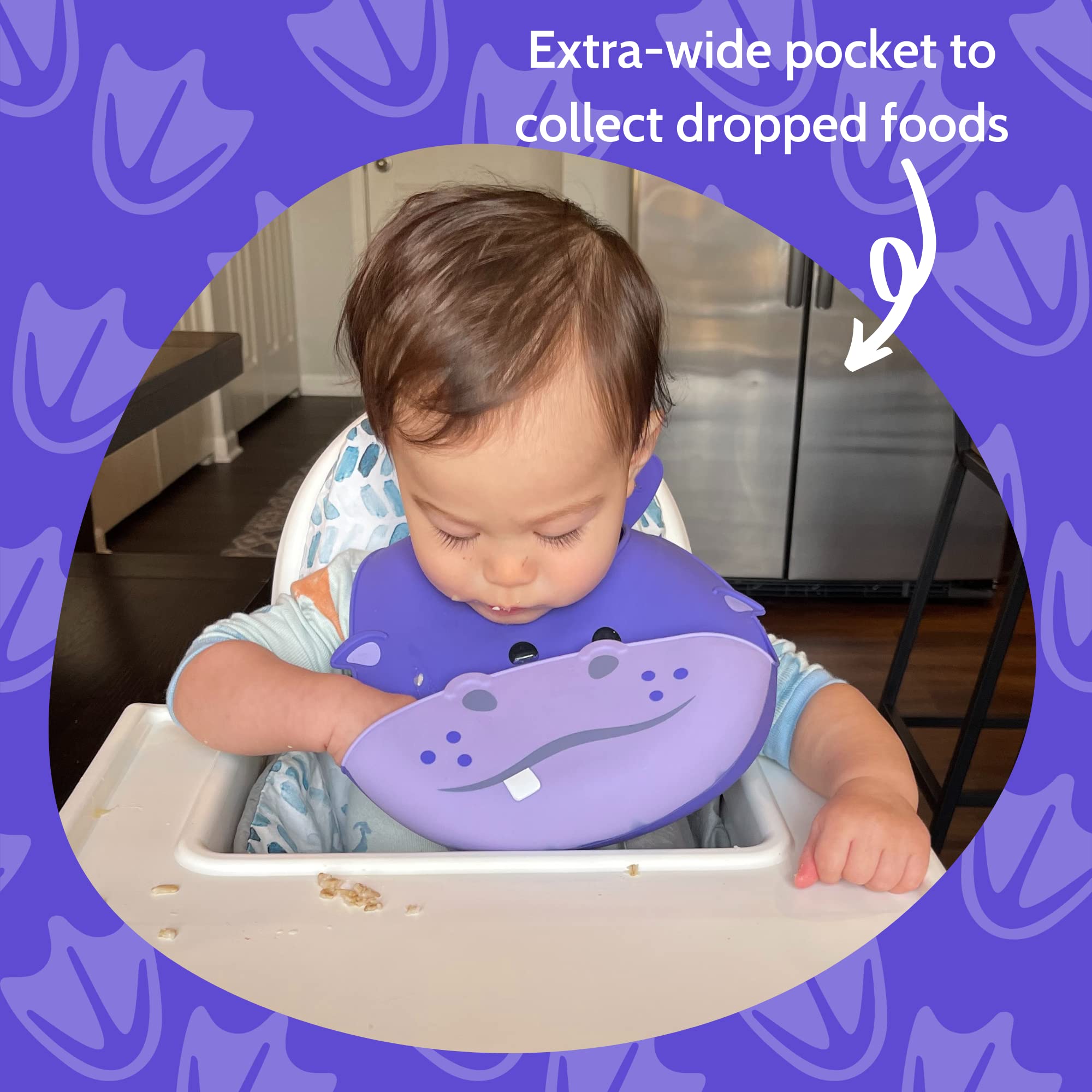 Silly Goose 2-Pack Waterproof Silicone Baby Bibs for Infants & Toddlers - Adjustable, Soft, Extra Wide Food Catcher Pocket (Hippo + Bear) - Perfect for Messy Mealtime, Feeding, and Dining Out