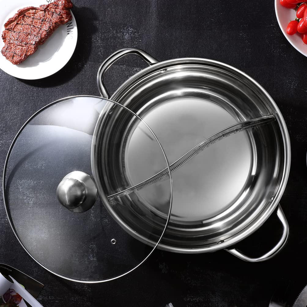 HEMOTON Stainless Steel Hot Pot Set - Cheese Fondue Pot, Induction Cooker Compatible, Shabu Shabu Pot with Divider, Chocolate Fondue Pot, Multi-Purpose Household Wok with Glass Lid - Perfect for Family Gatherings, Dinner Parties & Asian Cooking