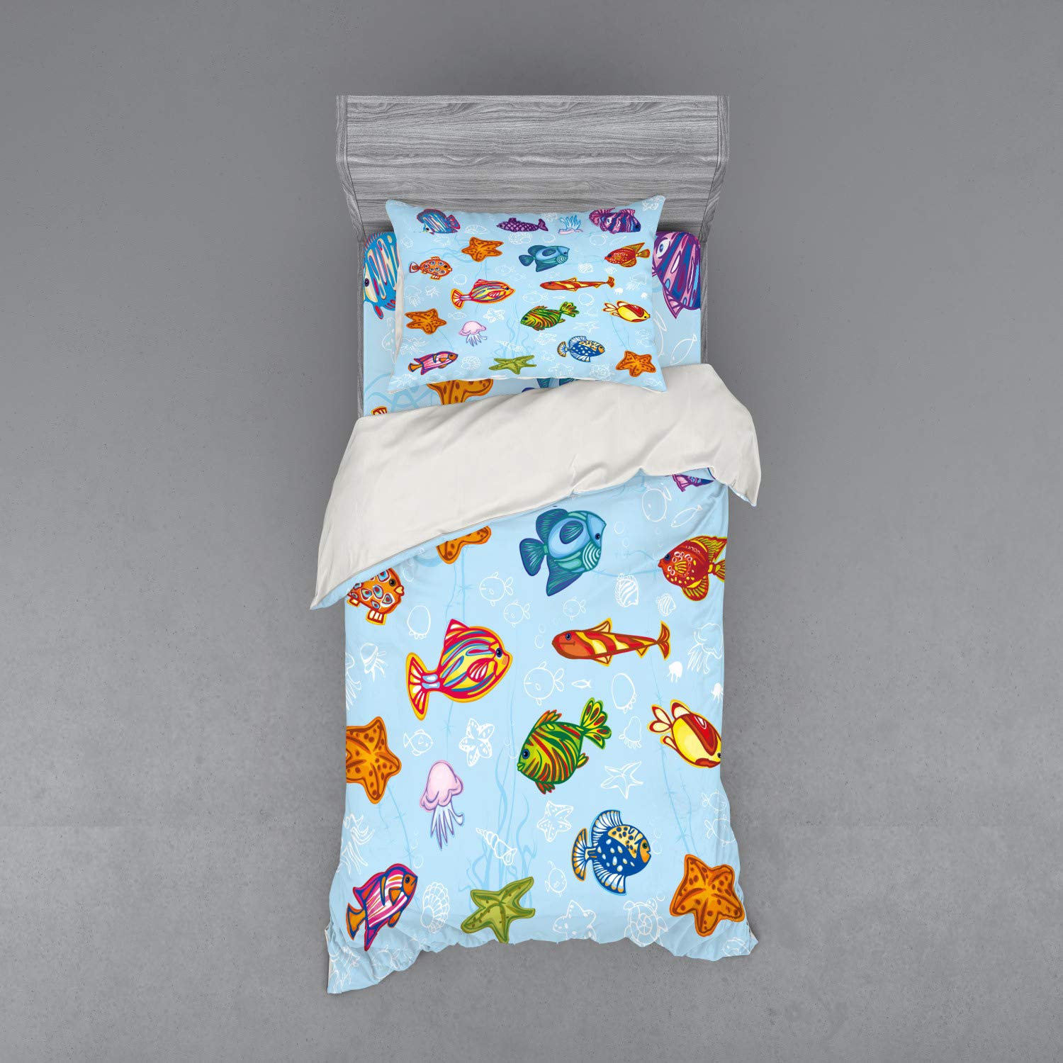 Ambesonne Ocean Duvet Cover Set - Deep Sea Navy Nautical Design with Fish, Seahorses & Shells on Aqua Background | 3-Piece Twin Size Bedding Set with Sham & Fitted Sheet | Perfect for Coastal, Beach House or Nautical Themed Bedrooms