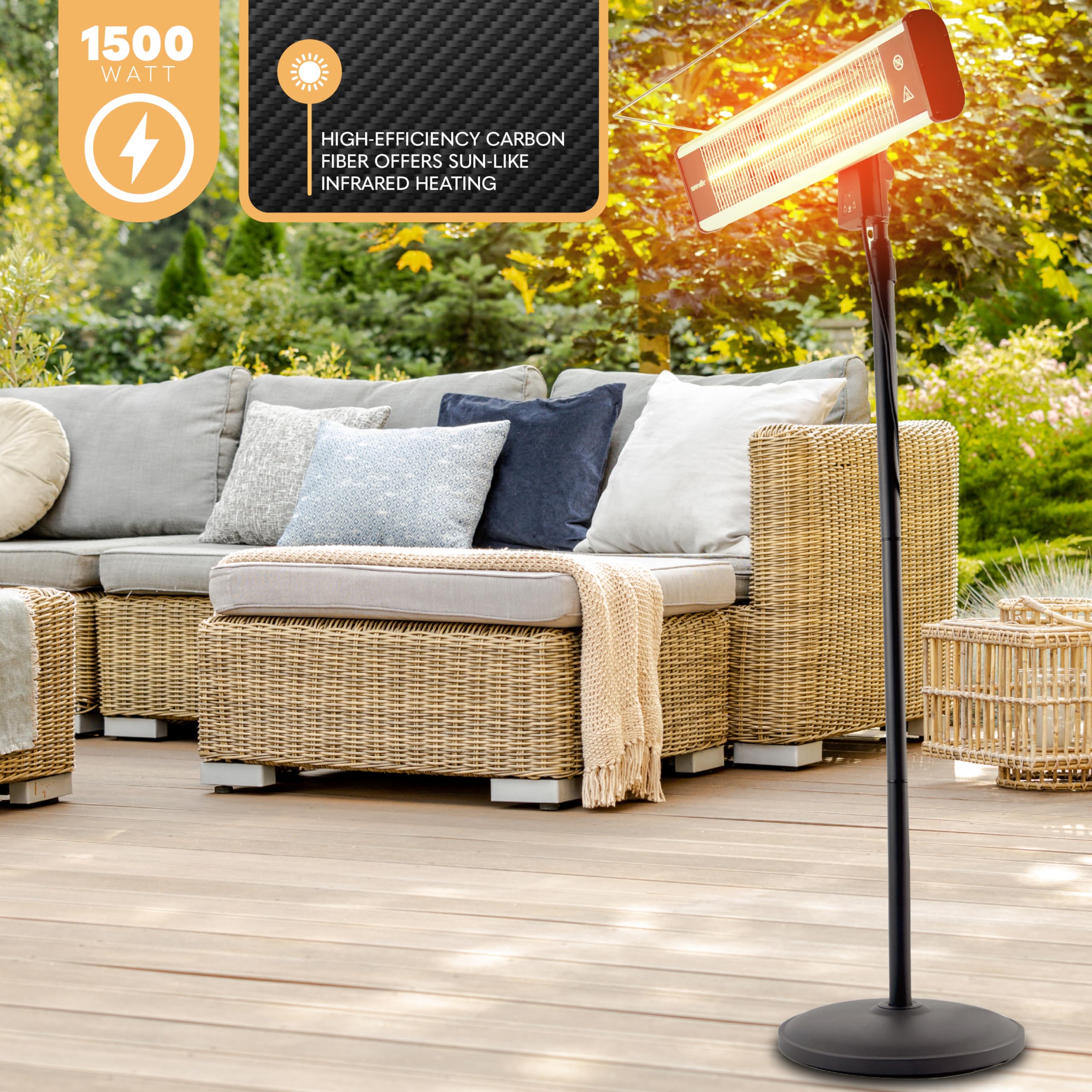 SereneLife 1500W Infrared Patio Heater with Remote Control - Indoor Outdoor Electric Heater, Portable Standing Heater with 360° Tip-Over Safety & IP65 Rating - Perfect for Restaurants, Patios, Backyards, Garages, Decks, and Outdoor Gatherings