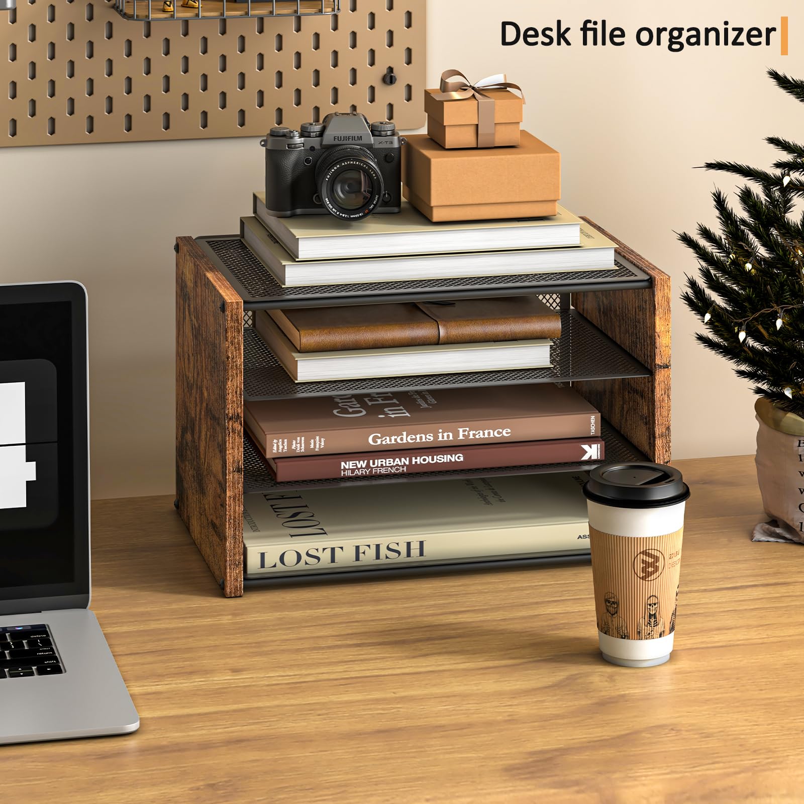 3-Tier Wooden Paper Letter Tray - Stackable Metal Mesh Desk Organizer for Office, Home & School | Rustic Brown File Holder for Documents, Mail & Stationery | Perfect for Workspace Organization & Decluttering
