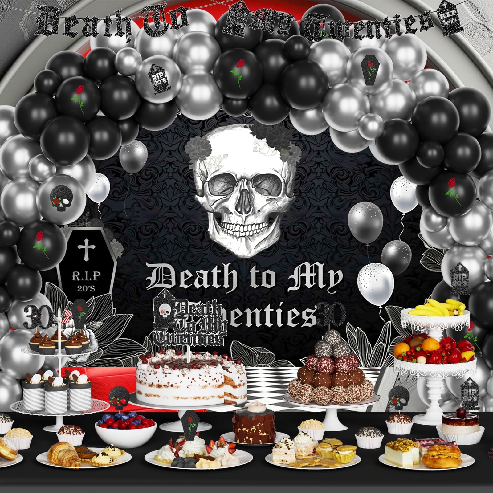 Death To My 20s Party Decorations Set - 119 PCs Black Funeral for Youth Theme Decor, Backdrop, Balloons, Cutouts, Banner, Cake & Cupcake Toppers, Sash, Tombstone, Skull & Rose - Perfect for 30th Birthday Celebrations & Milestone Parties