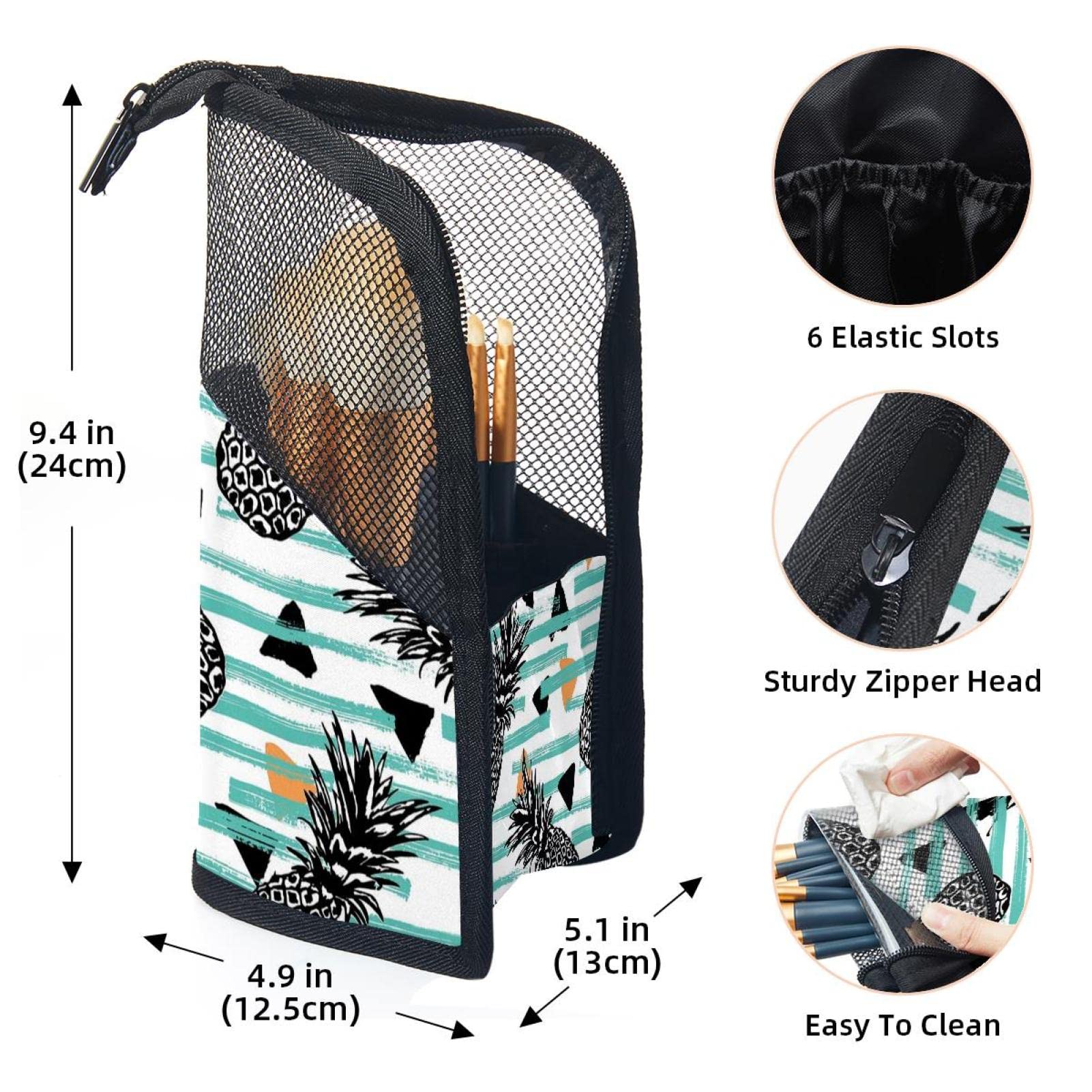 12-Piece Makeup Brush Organizer Bag with Geometric Stripe Pineapple Design - Portable Cosmetic Brush Holder Case for Travel & Home Storage
