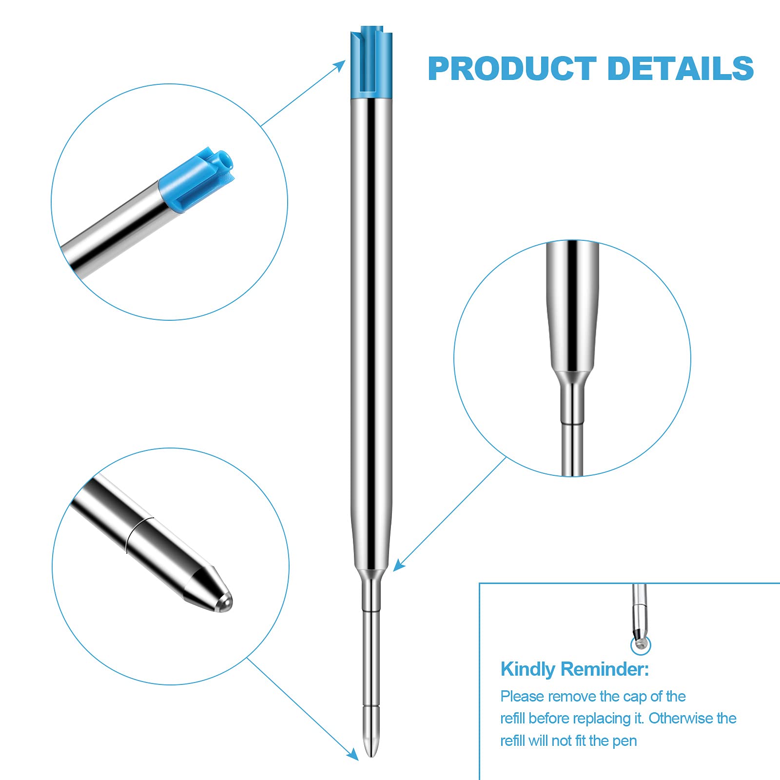 12-Pack Blue Ink 1.0mm Medium Point Metal Ballpoint Pen Refills - Smooth Writing Replacement Refills for Retractable Pens - Ideal for School, Office & Daily Use (Blue)