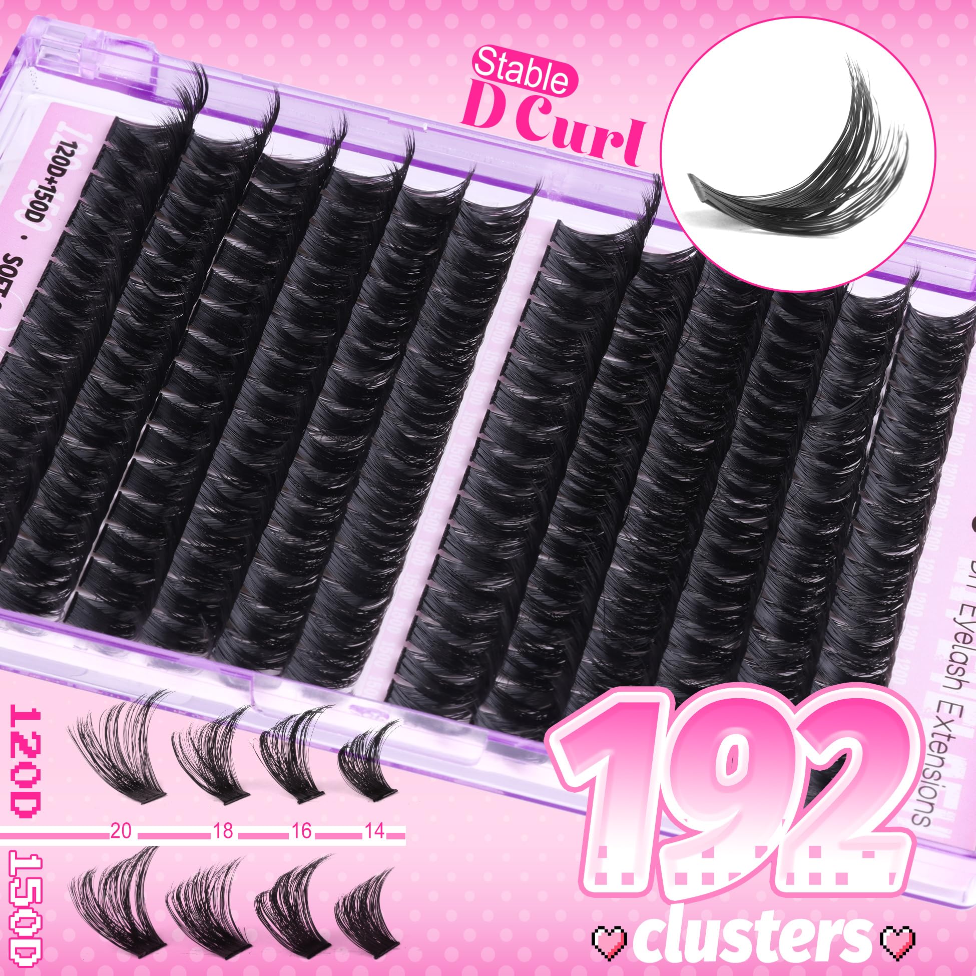 Premium 14-20MM Lash Clusters Kit - 192Pcs Fluffy Volume DIY Eyelash Extensions (D Curl, 120D+150D Mink) for Natural & Glamorous Looks - Perfect for Weddings, Parties & Daily Wear