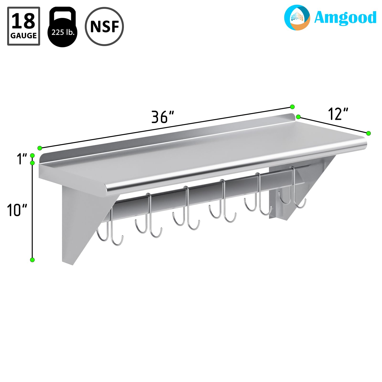 AmGood 36 Inch Long 12 Inch Deep Stainless Steel Wall Mounted Pot Rack with Shelf | NSF Certified | Kitchen Organization & Space Saving Storage for Cookware, Utensils & Spices