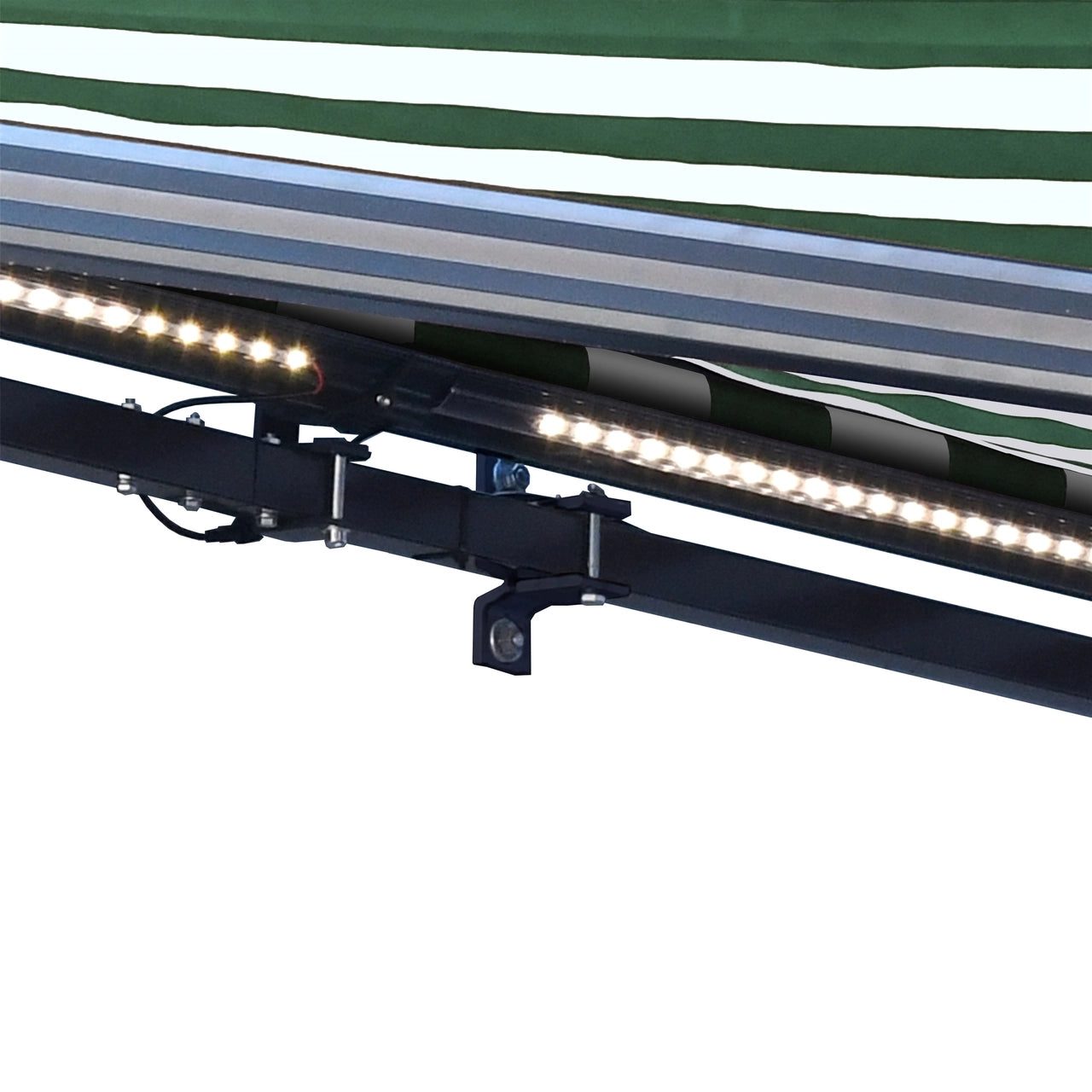 ALEKO 10x8 Feet Half Cassette Motorized Retractable LED Patio Awning - Green & White Stripes Luxury Outdoor Shade for Deck, Garden, and Poolside Relaxation