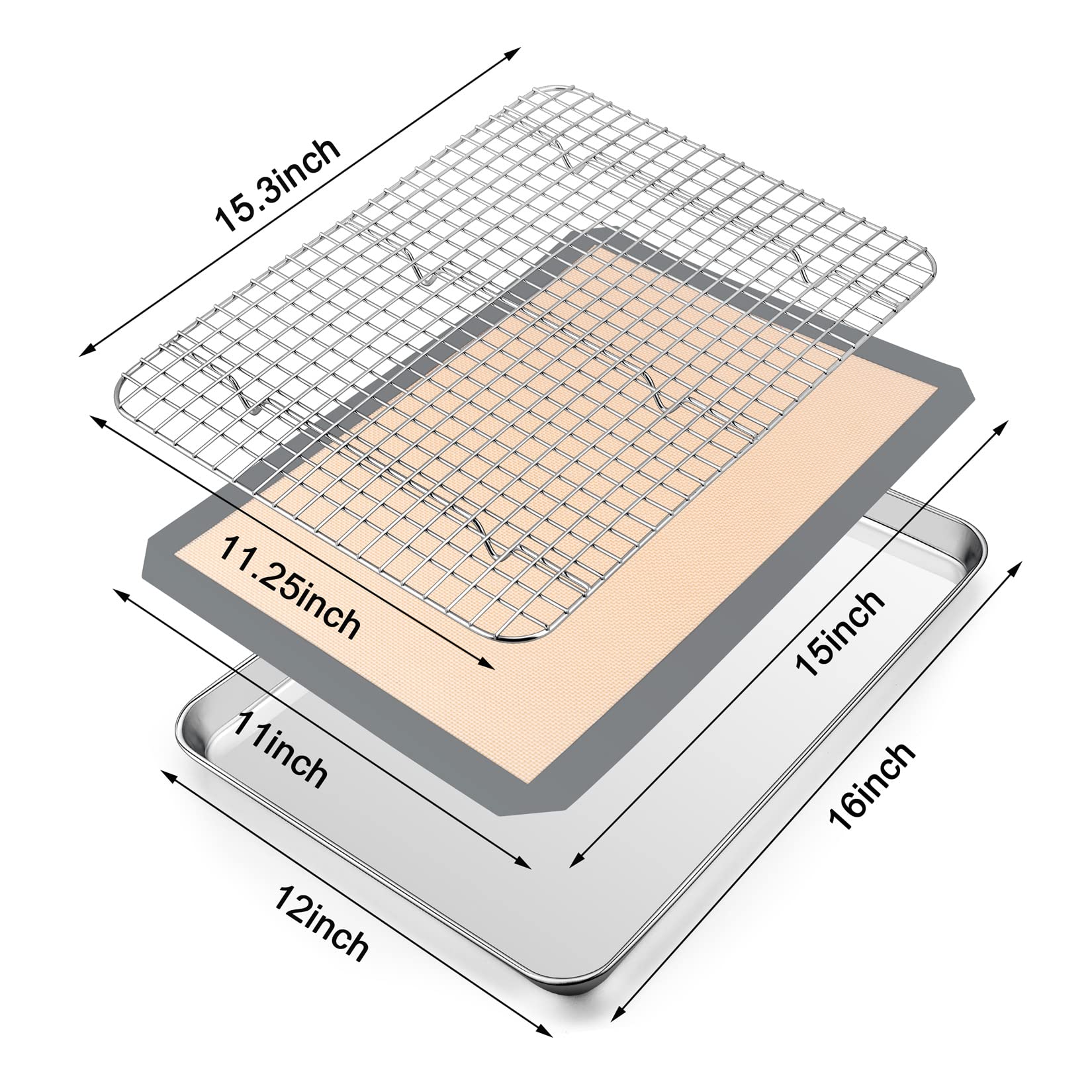 P&P CHEF 3-Piece Stainless Steel Toaster Oven Pan Set with Grid Rack & Silicone Mat - 16x12x1 Inch Baking Tray, Roasting Rack - Dishwasher Safe - Perfect for Baking, Roasting & Meal Prep in Toaster Ovens