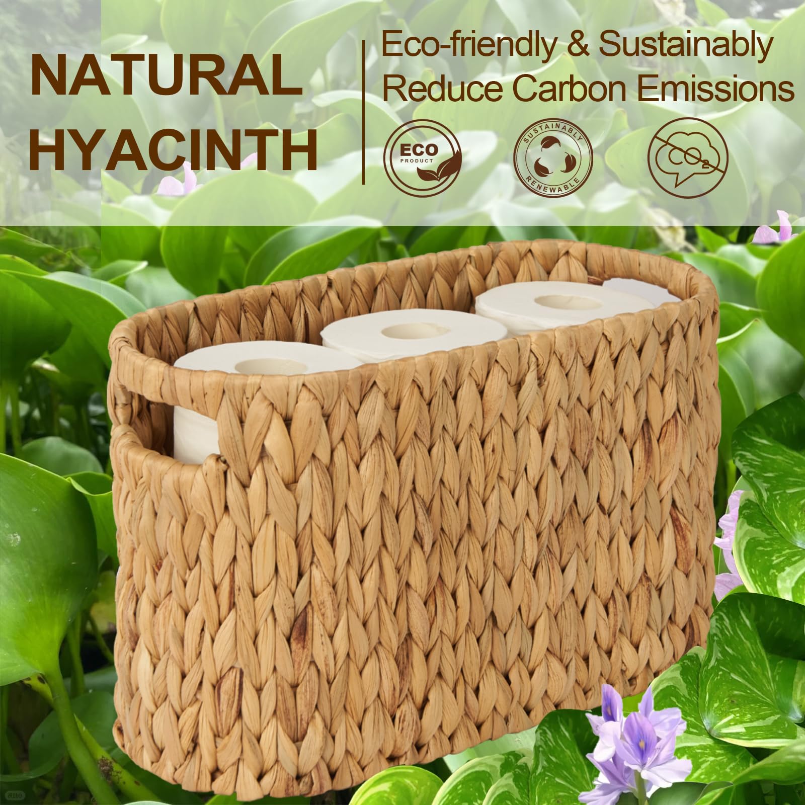 FairyHaus Natural Water Hyacinth Toilet Paper Holder Basket - Handwoven Freestanding Bathroom Storage with Built-in Handles (Holds 6 Rolls) - Perfect for Bathroom Organization & Farmhouse Decor