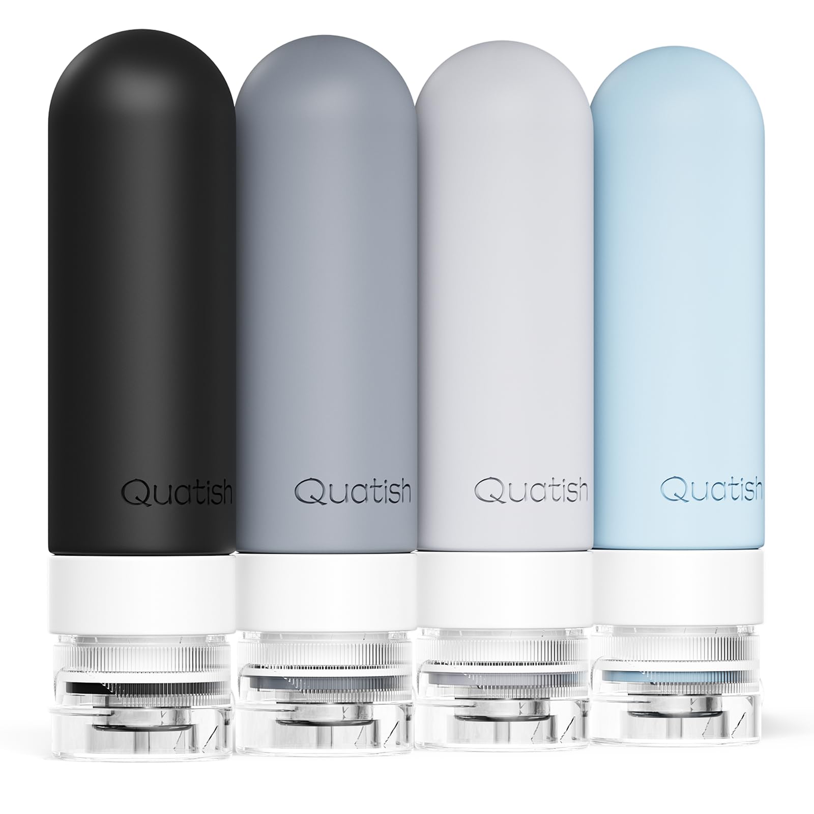 Quatish 3 oz Leak Proof Travel Bottles for Toiletries - TSA Approved Silicone Shampoo & Conditioner Containers (4 Pack, Grey) - Perfect for Air Travel, Gym & Vacation Essentials