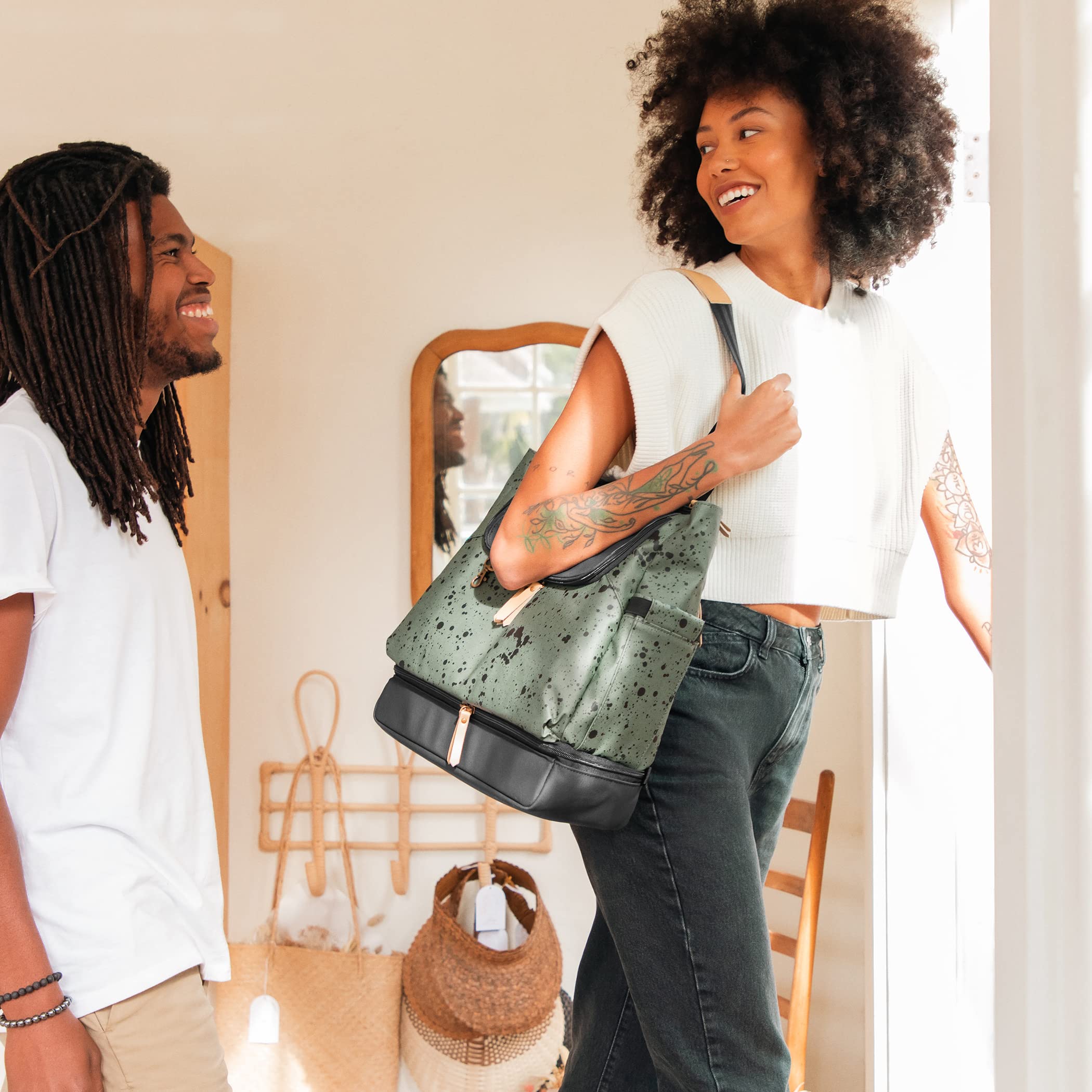 Petunia Pickle Bottom Pivot Backpack - Convertible Diaper Bag with Insulated Pockets & Spacious Interior | Olive Ink Blot | Perfect for Moms, Travel & Daily Use