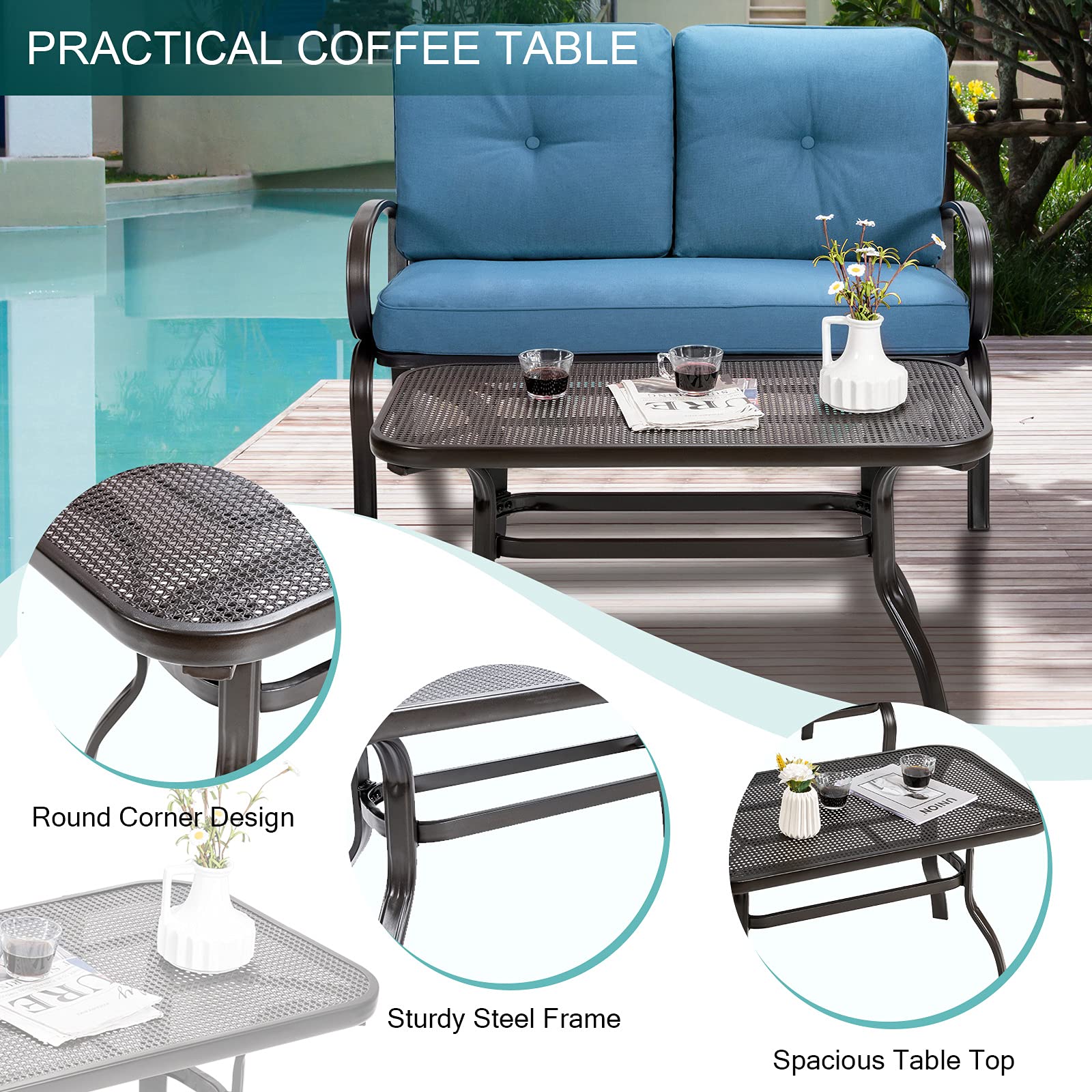 Giantex Outdoor Loveseat with Coffee Table - Patio Bench with Cushion & Sturdy Metal Frame - Navy & Black Garden Sofa Set for Porch, Yard, Poolside - Perfect for Relaxing, Entertaining & Outdoor Lounging