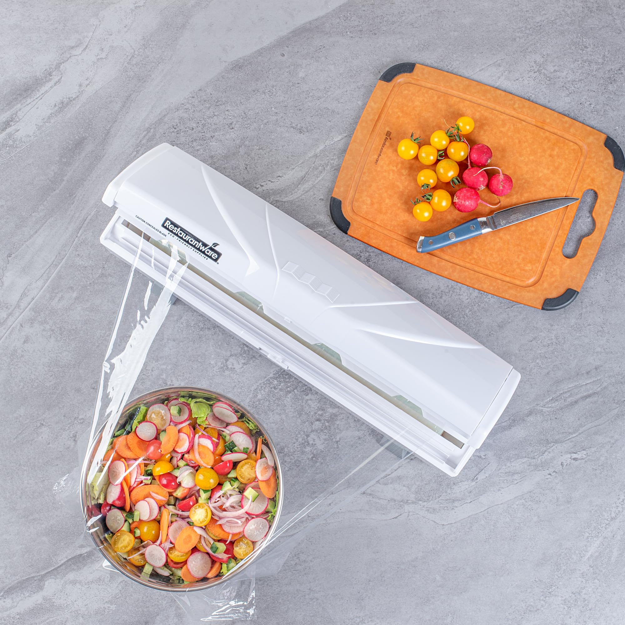 Restaurantware RW Base Food Wrap Dispenser with Cutter - Refillable Cling Wrap & Aluminum Foil Dispenser for 12” to 18” x 2000’ Rolls - Press Down & Cut System with Sharp Blade - White Plastic - Perfect for Restaurants, Catering & Home Kitchen Storage